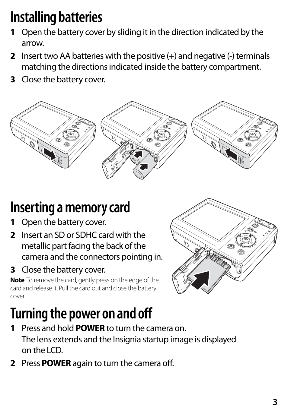 Installing batteries, Turning the power on and off | Insignia NS-DSC10A User Manual | Page 3 / 8