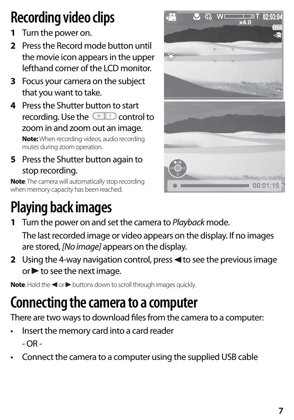 Recording video clips, Playing back images, Connecting the camera to a computer | Insignia NS-DSC10A User Manual | Page 7 / 8