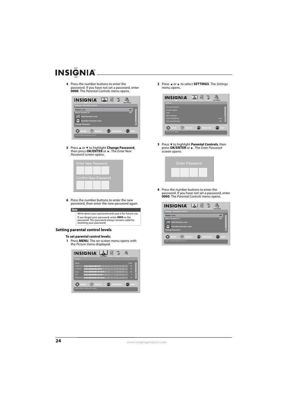Setting parental control levels, Enter password, Enter new password confirm new password | Insignia NS-L55X-10A User Manual | Page 28 / 60