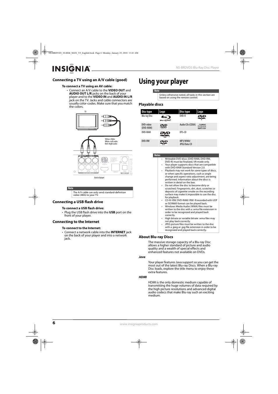 Connecting a tv using an a/v cable (good), Connecting a usb flash drive, Connecting to the internet | Using your player, Playable discs, About blu-ray discs, Playable discs about blu-ray discs | Insignia NS-BRDVD3 User Manual | Page 10 / 32
