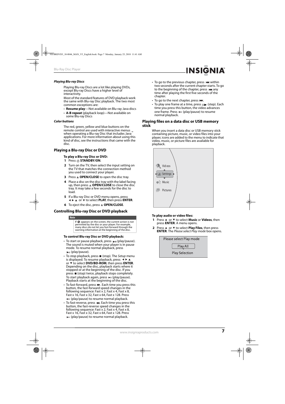 Playing a blu-ray disc or dvd, Controlling blu-ray disc or dvd playback, Playing files on a data disc or usb memory stick | Insignia NS-BRDVD3 User Manual | Page 11 / 32