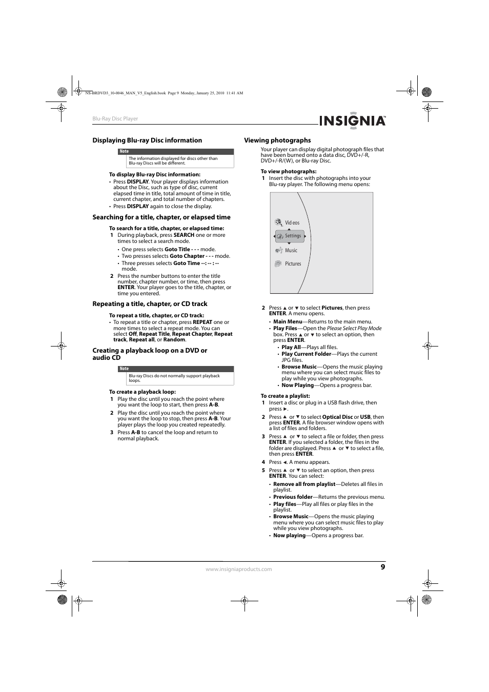 Displaying blu-ray disc information, Searching for a title, chapter, or elapsed time, Repeating a title, chapter, or cd track | Creating a playback loop on a dvd or audio cd, Viewing photographs | Insignia NS-BRDVD3 User Manual | Page 13 / 32