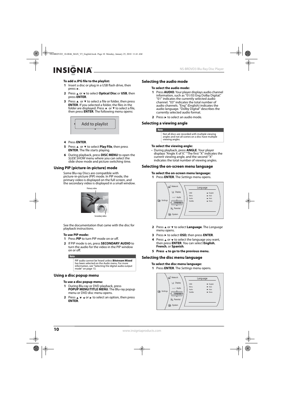 Using pip (picture-in-picture) mode, Using a disc popup menu, Selecting the audio mode | Selecting a viewing angle, Selecting the on-screen menu language, Selecting the disc menu language, See “using pip (picture-in-picture) mode” o, Selecting the audio mode” o, Using pip (picture-in-picture) mode” o, Add to playlist | Insignia NS-BRDVD3 User Manual | Page 14 / 32