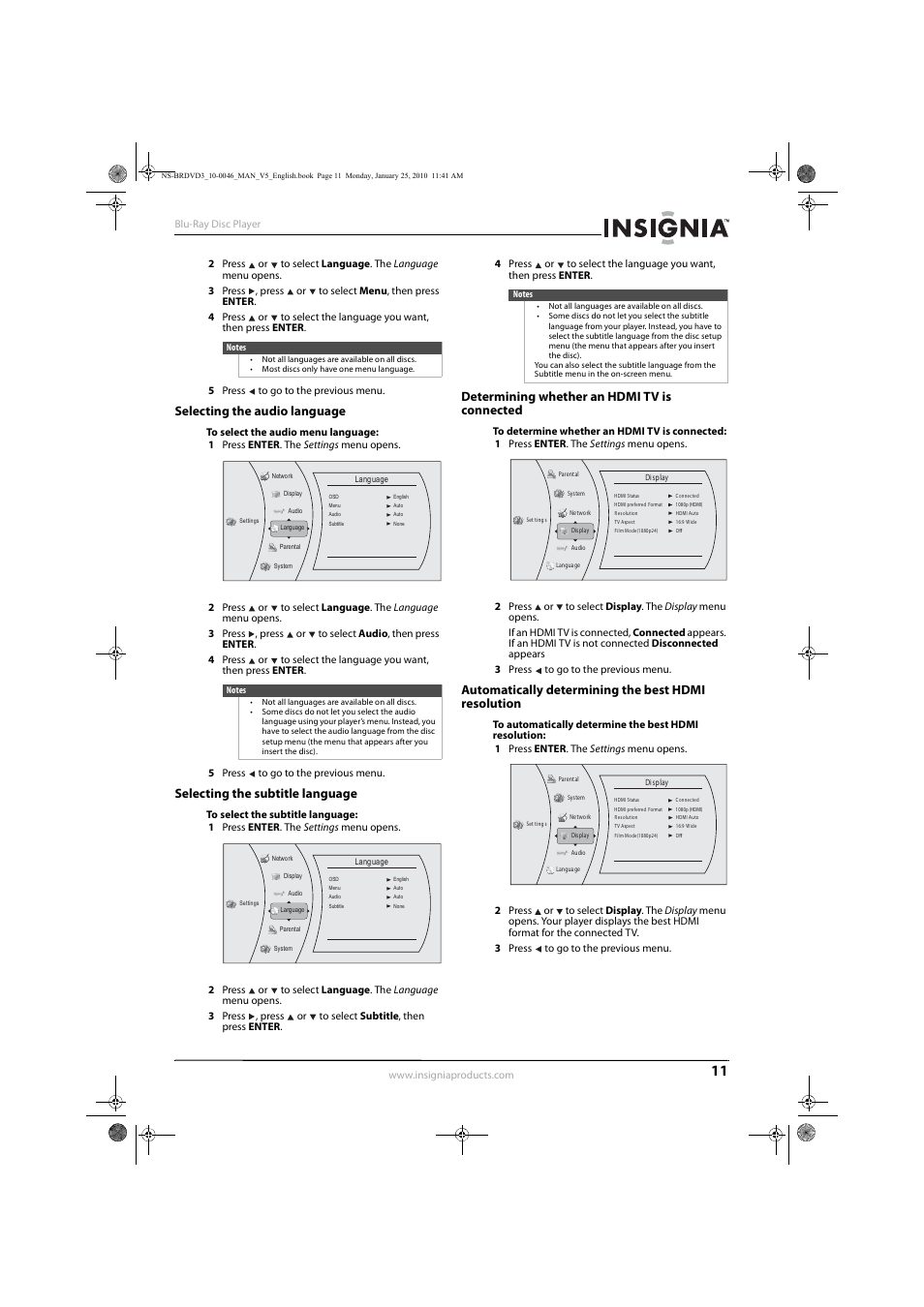 Selecting the audio language, Selecting the subtitle language, Determining whether an hdmi tv is connected | Automatically determining the best hdmi resolution | Insignia NS-BRDVD3 User Manual | Page 15 / 32