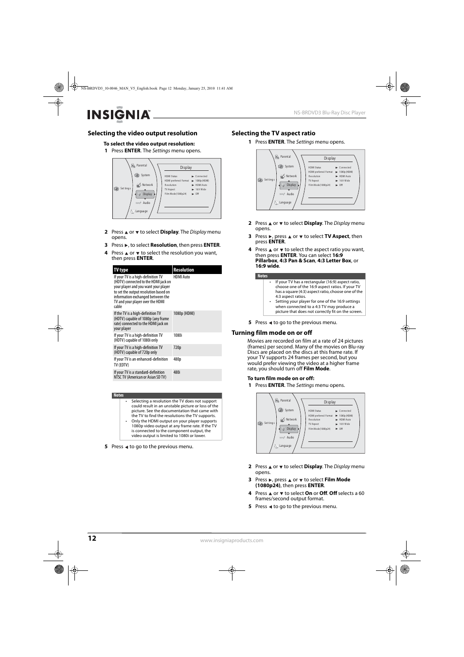 Selecting the video output resolution, Selecting the tv aspect ratio, Turning film mode on or off | Ee “selecting the video output resolution” on | Insignia NS-BRDVD3 User Manual | Page 16 / 32