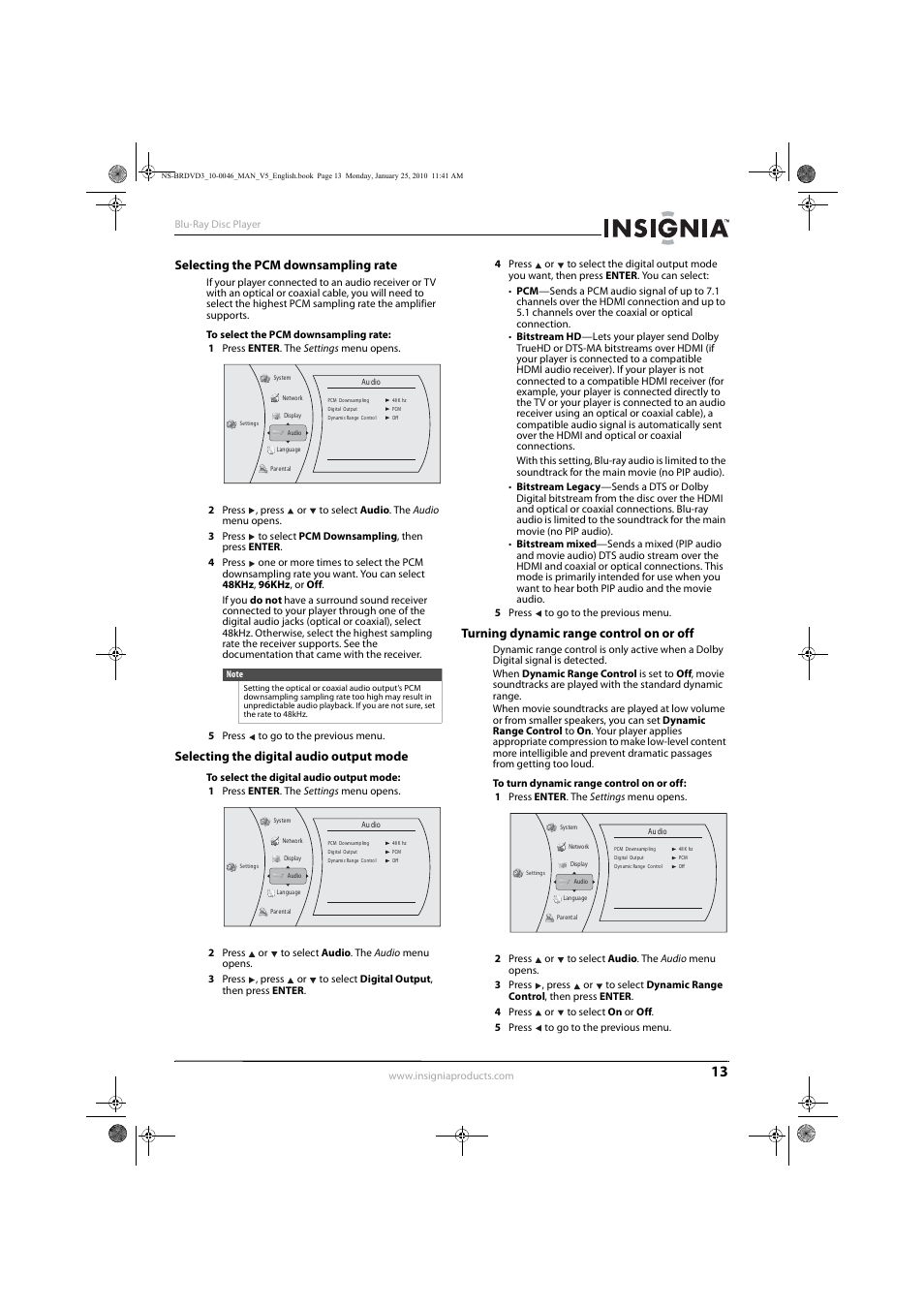 Selecting the pcm downsampling rate, Selecting the digital audio output mode, Turning dynamic range control on or off | Insignia NS-BRDVD3 User Manual | Page 17 / 32