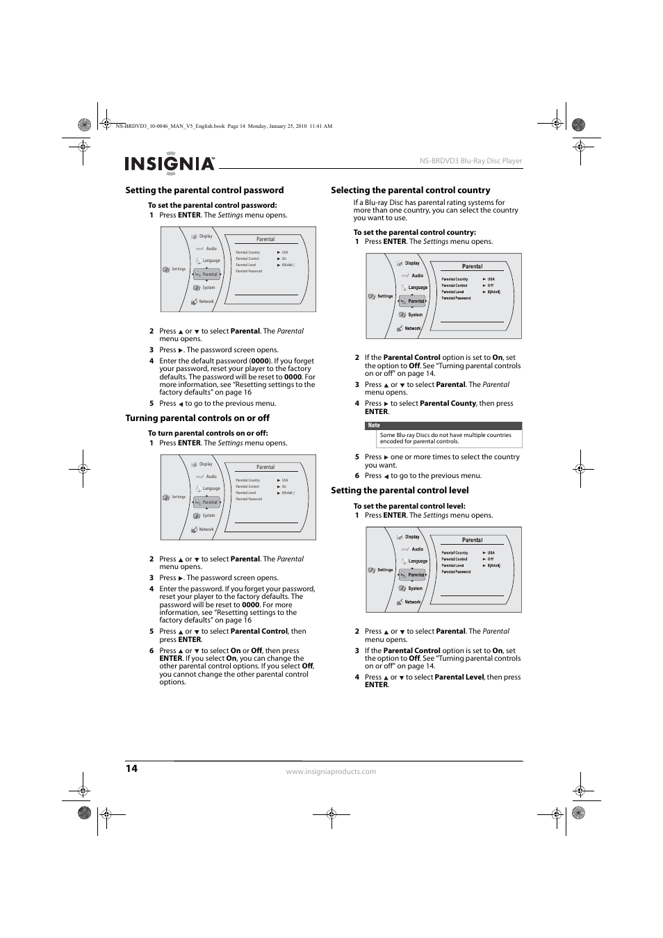 Setting the parental control password, Turning parental controls on or off, Selecting the parental control country | Setting the parental control level | Insignia NS-BRDVD3 User Manual | Page 18 / 32