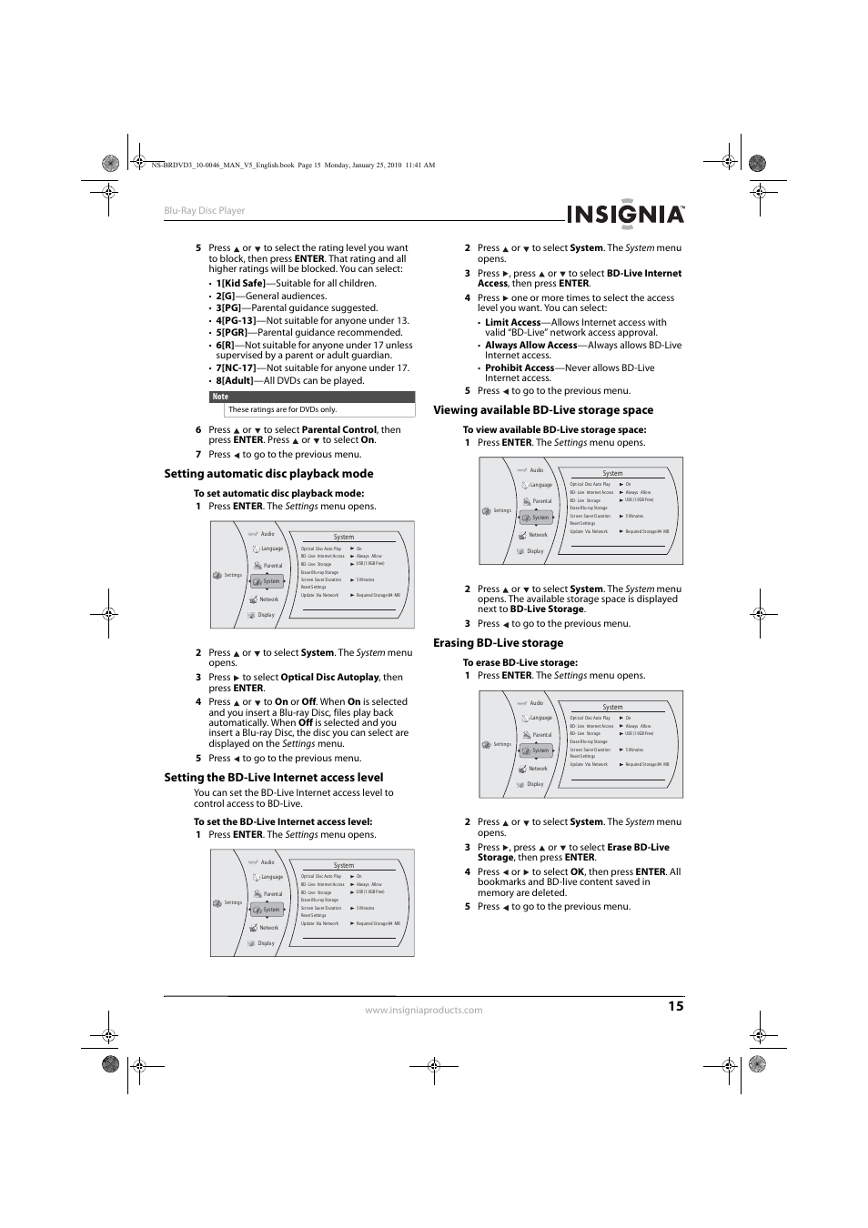 Setting automatic disc playback mode, Setting the bd-live internet access level, Viewing available bd-live storage space | Erasing bd-live storage | Insignia NS-BRDVD3 User Manual | Page 19 / 32