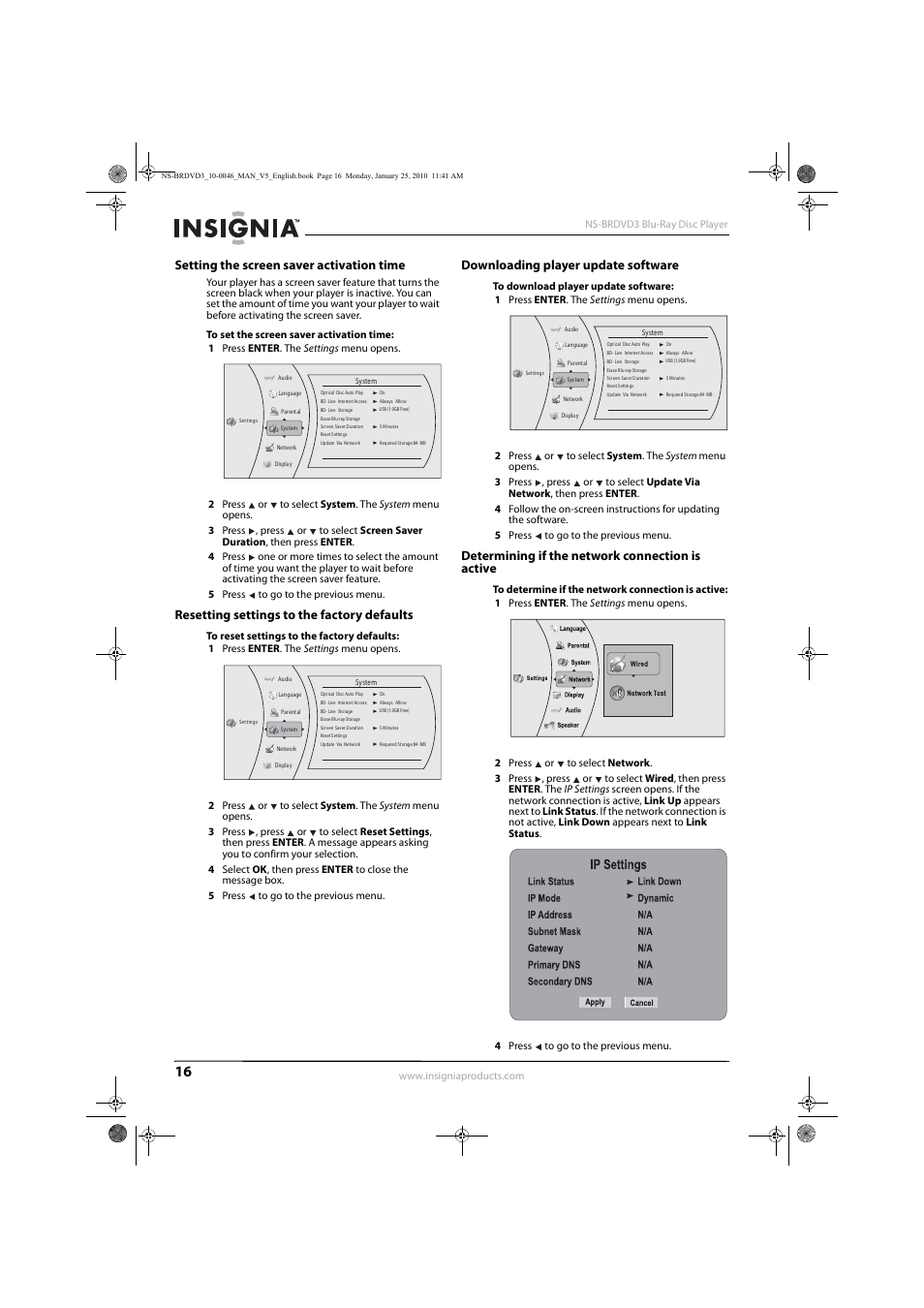 Setting the screen saver activation time, Resetting settings to the factory defaults, Downloading player update software | Determining if the network connection is active, E “resetting settings to the factory defaults, See “resetting settings to the factory defaults | Insignia NS-BRDVD3 User Manual | Page 20 / 32