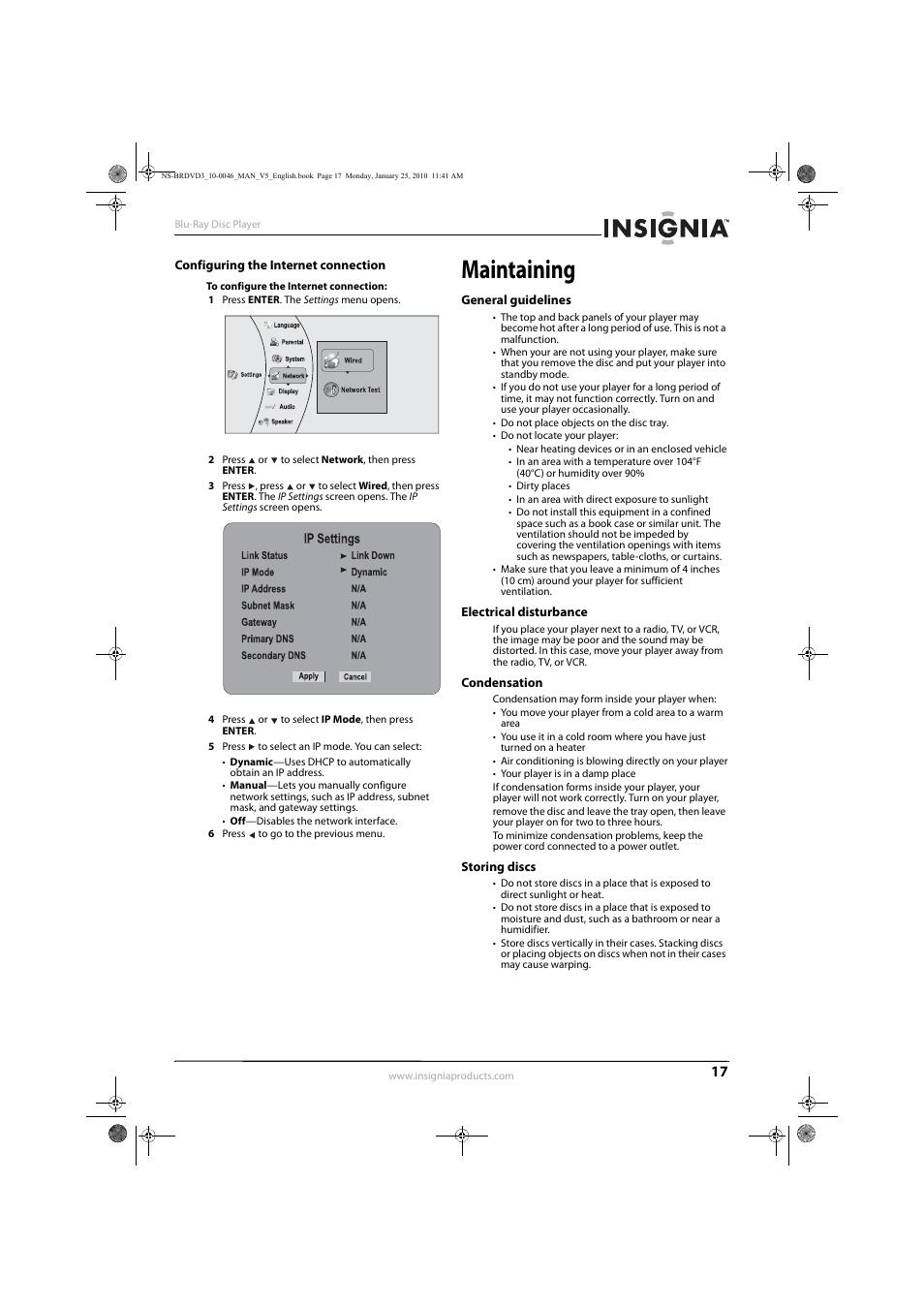Configuring the internet connection, Maintaining, General guidelines | Electrical disturbance, Condensation, Storing discs | Insignia NS-BRDVD3 User Manual | Page 21 / 32