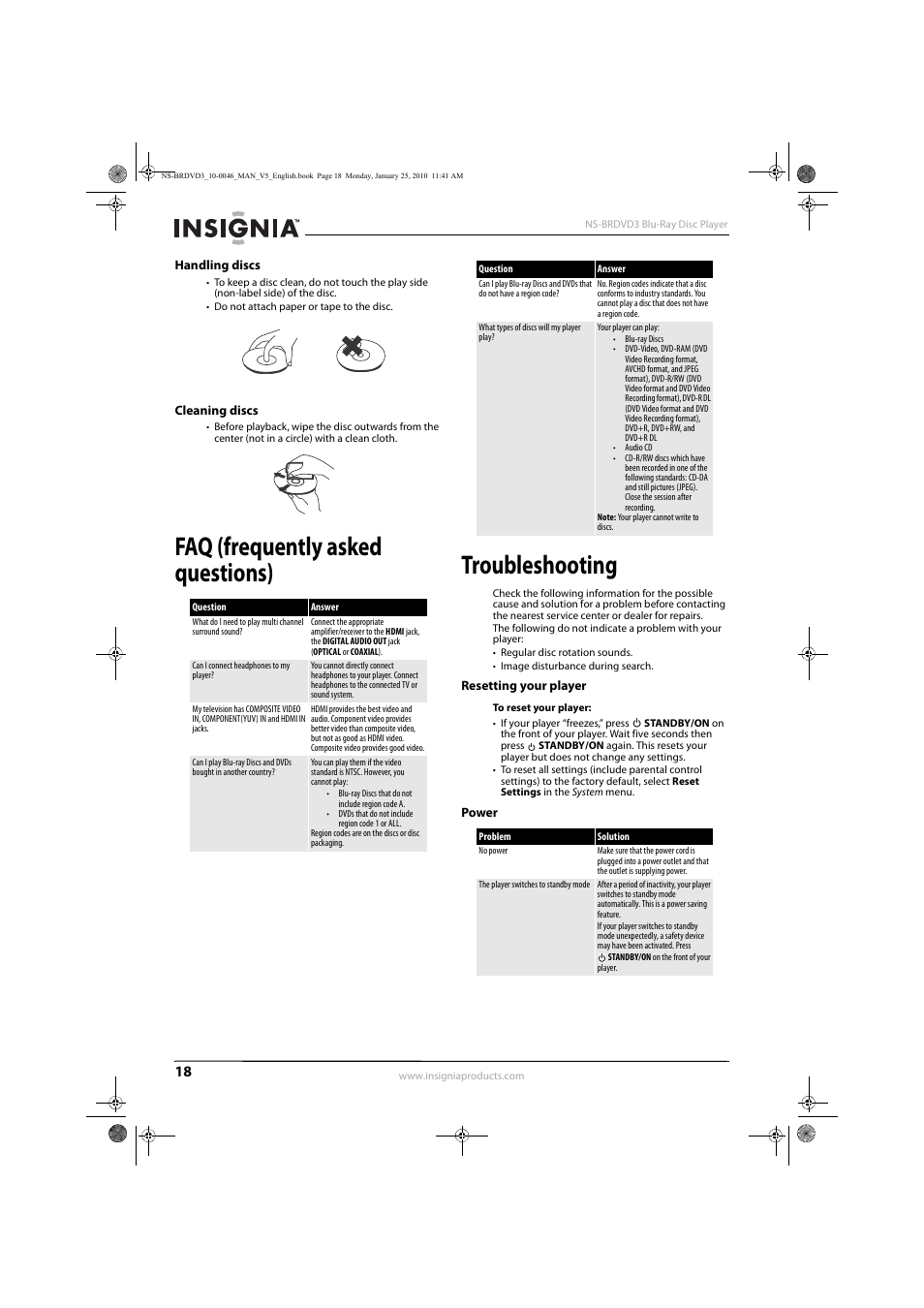 Handling discs, Cleaning discs, Faq (frequently asked questions) | Troubleshooting, Resetting your player, Power, Handling discs cleaning discs, Resetting your player power, Faq (frequently asked questions) troubleshooting | Insignia NS-BRDVD3 User Manual | Page 22 / 32