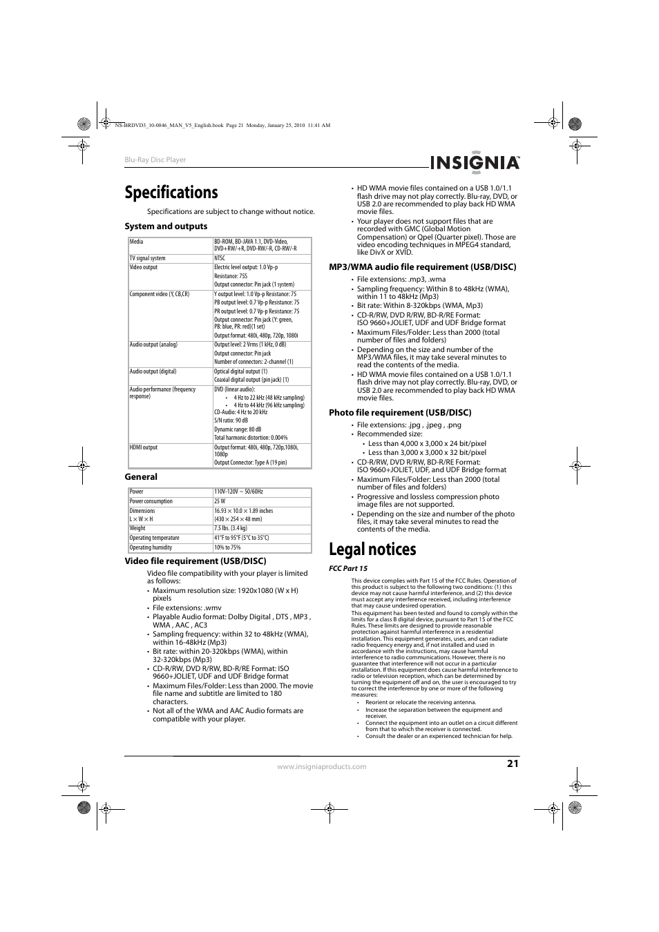 Specifications, System and outputs, General | Video file requirement (usb/disc), Mp3/wma audio file requirement (usb/disc), Photo file requirement (usb/disc), Legal notices | Insignia NS-BRDVD3 User Manual | Page 25 / 32