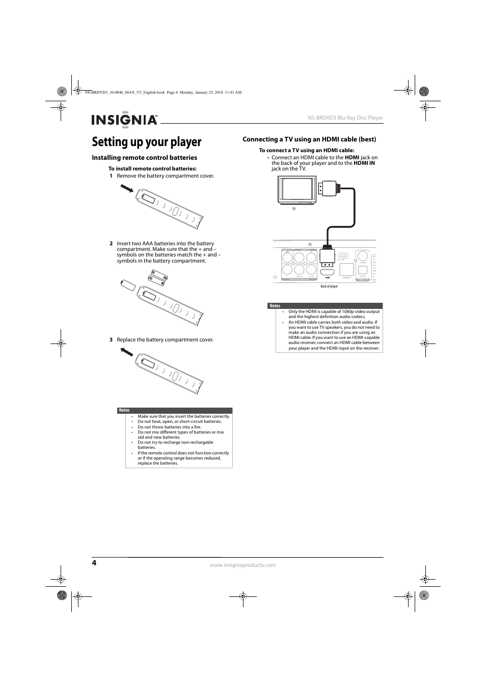 Setting up your player, Installing remote control batteries, Connecting a tv using an hdmi cable (best) | Insignia NS-BRDVD3 User Manual | Page 8 / 32