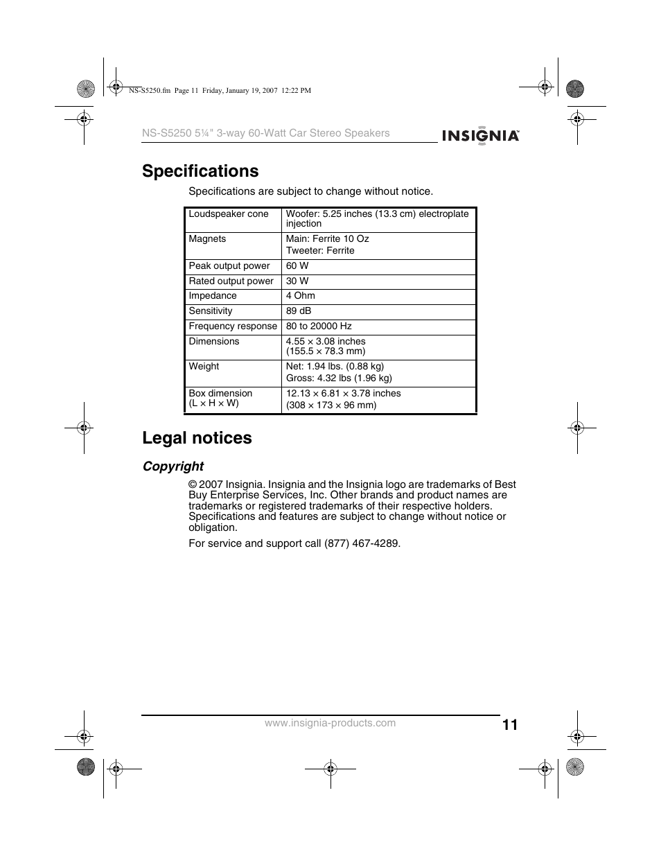 Specifications, Legal notices, Copyright | Insignia NS-S5250 User Manual | Page 11 / 40