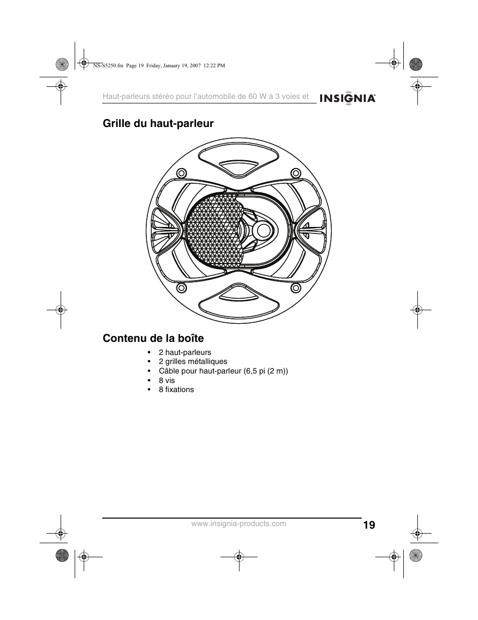 Grille du haut-parleur contenu de la boîte | Insignia NS-S5250 User Manual | Page 19 / 40