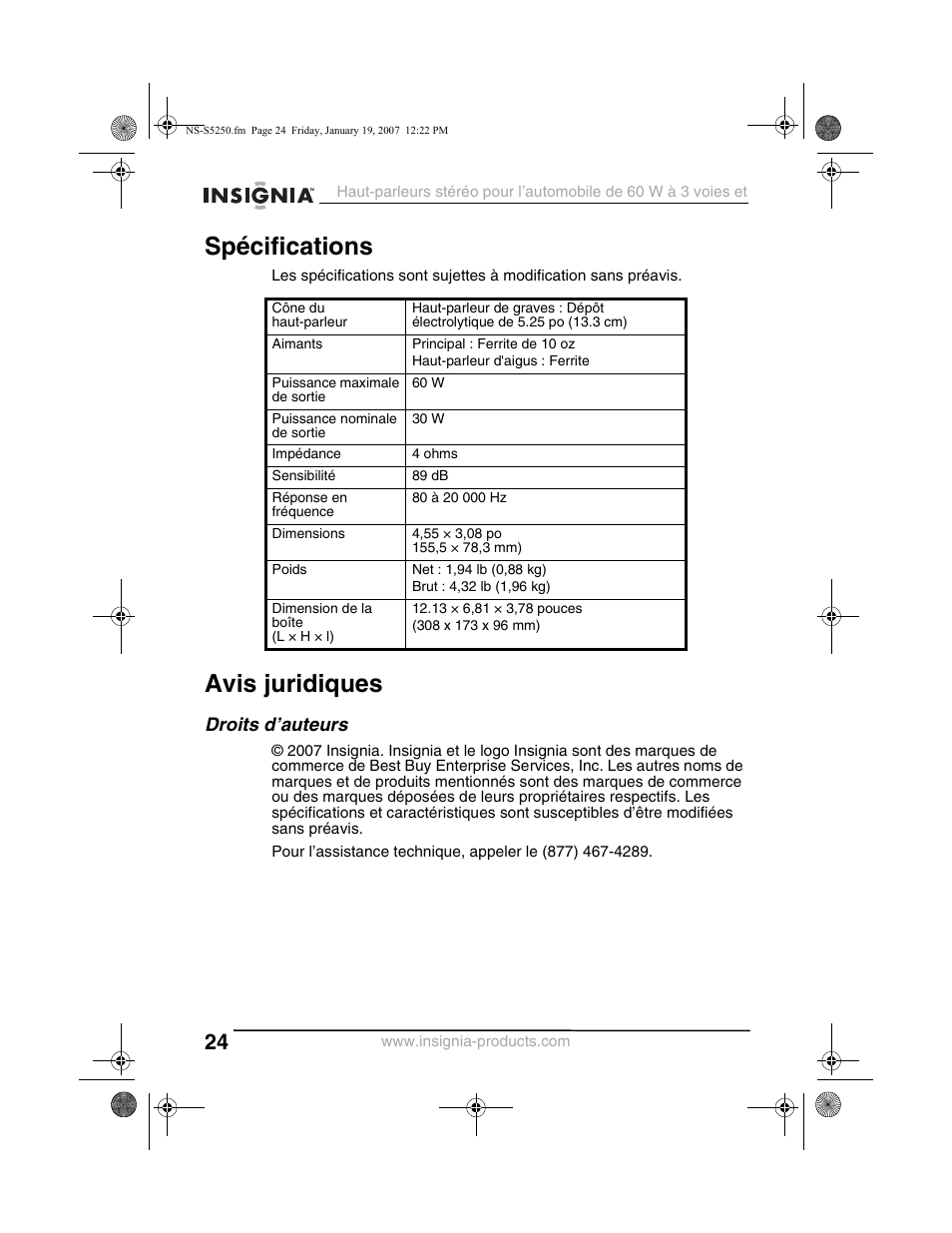 Spécifications, Avis juridiques, Droits d’auteurs | Insignia NS-S5250 User Manual | Page 24 / 40