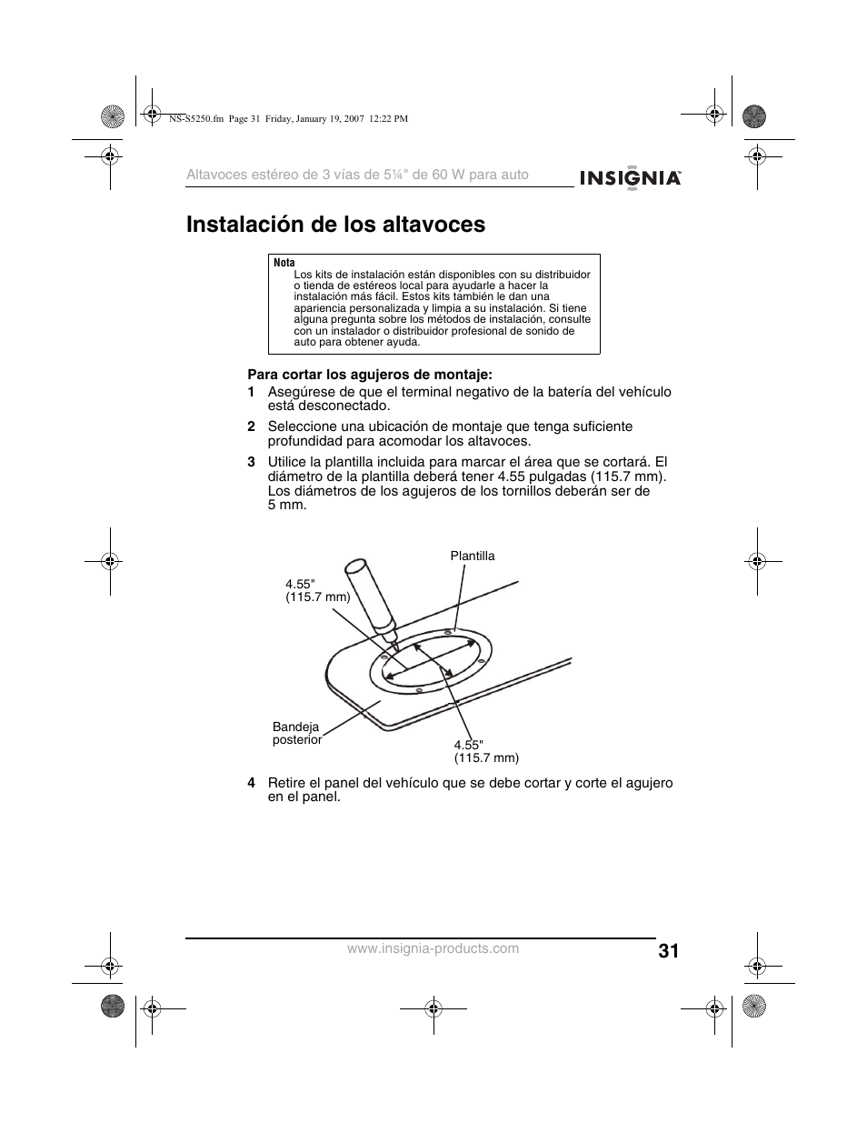 Instalación de los altavoces | Insignia NS-S5250 User Manual | Page 31 / 40