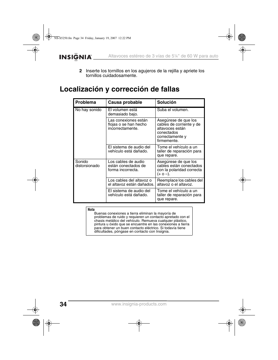 Localización y corrección de fallas | Insignia NS-S5250 User Manual | Page 34 / 40