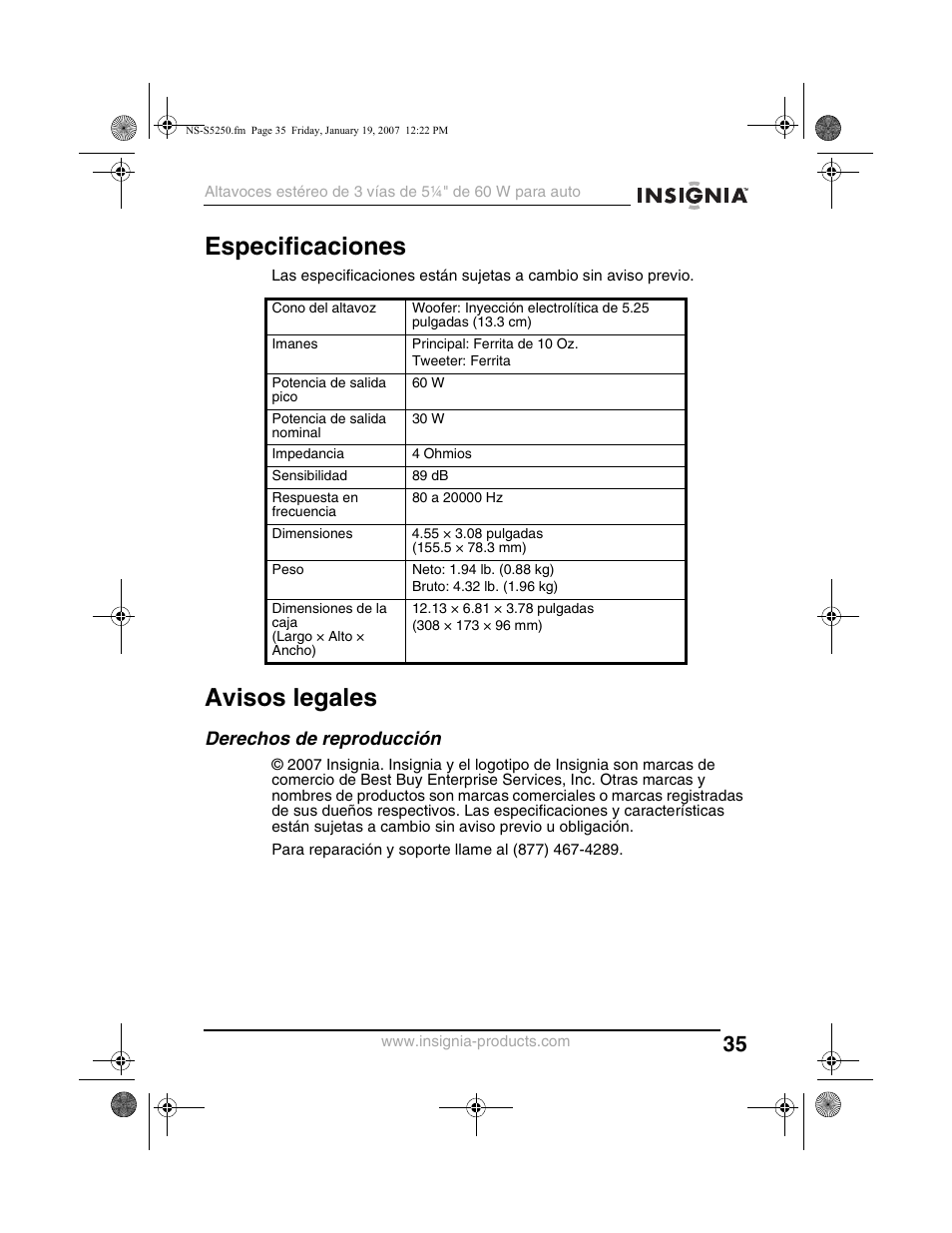 Especificaciones, Avisos legales, Derechos de reproducción | Insignia NS-S5250 User Manual | Page 35 / 40