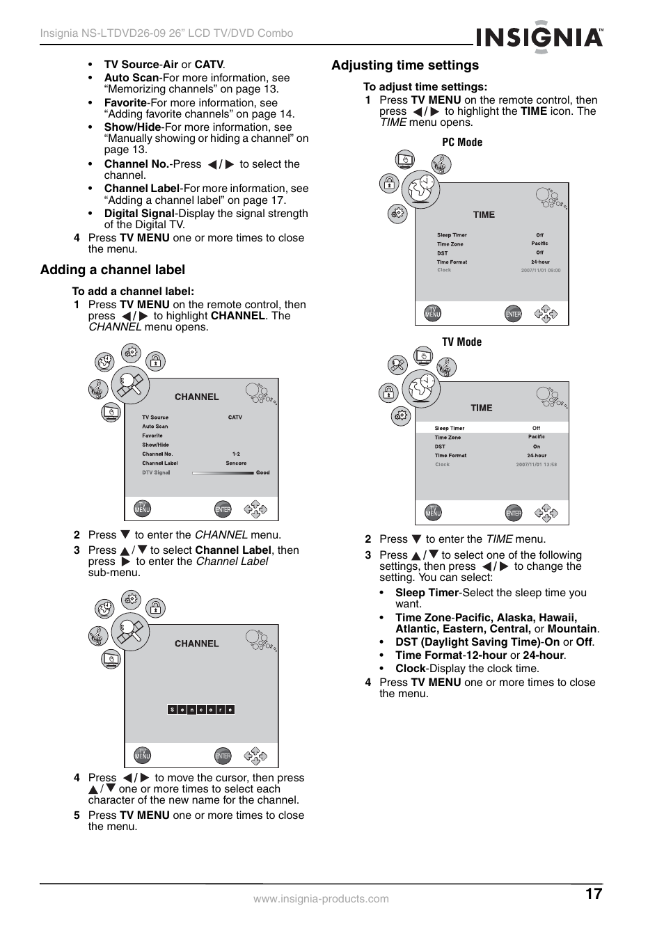 Adding a channel label, Adjusting time settings, Adding a channel label adjusting time settings | Insignia NS-LTDVD26-09 User Manual | Page 17 / 76