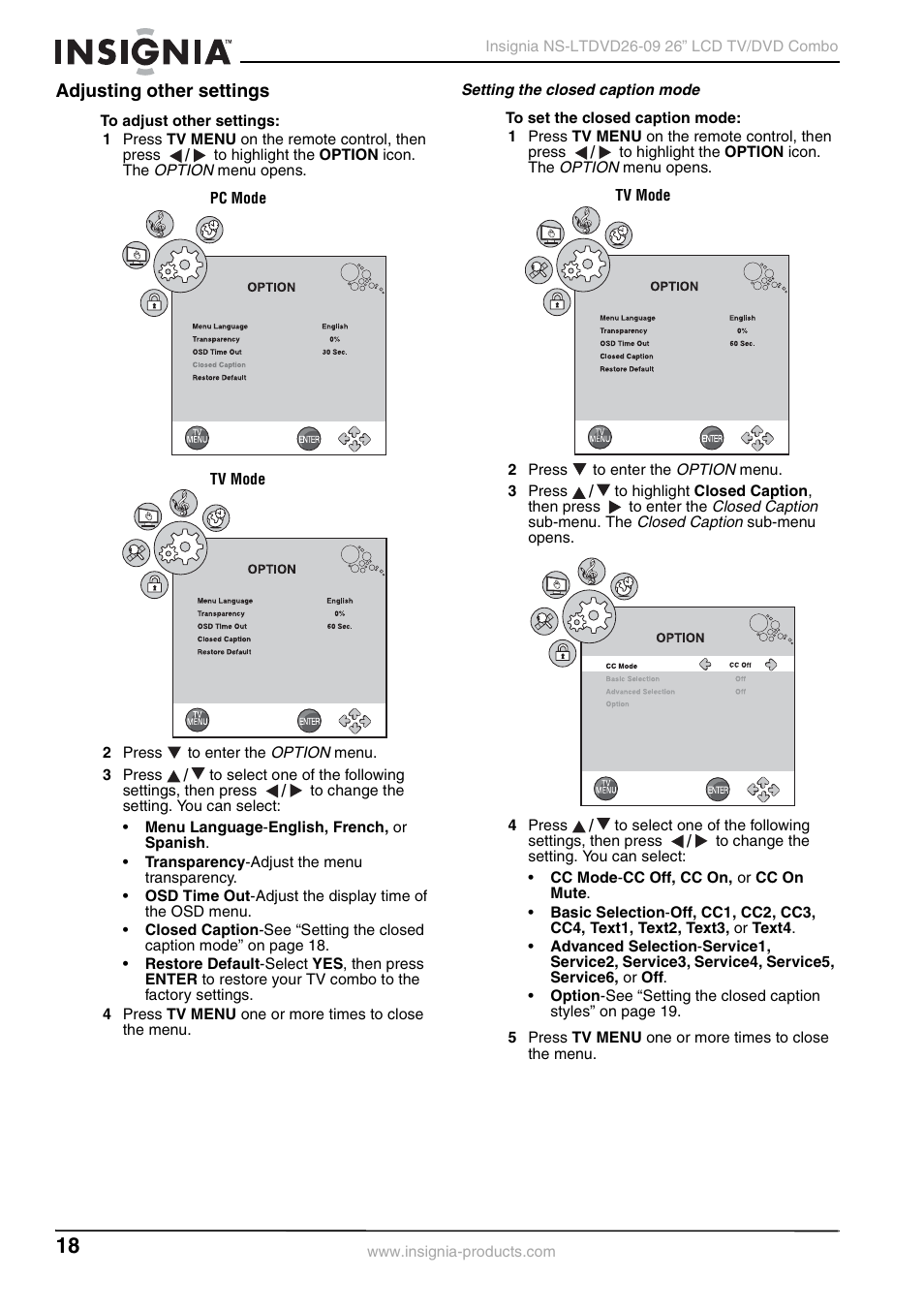 Adjusting other settings, Setting the closed caption mode | Insignia NS-LTDVD26-09 User Manual | Page 18 / 76