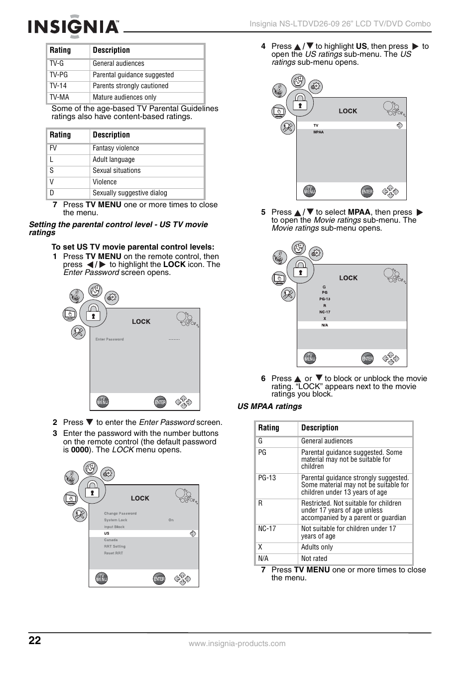 Us mpaa ratings | Insignia NS-LTDVD26-09 User Manual | Page 22 / 76