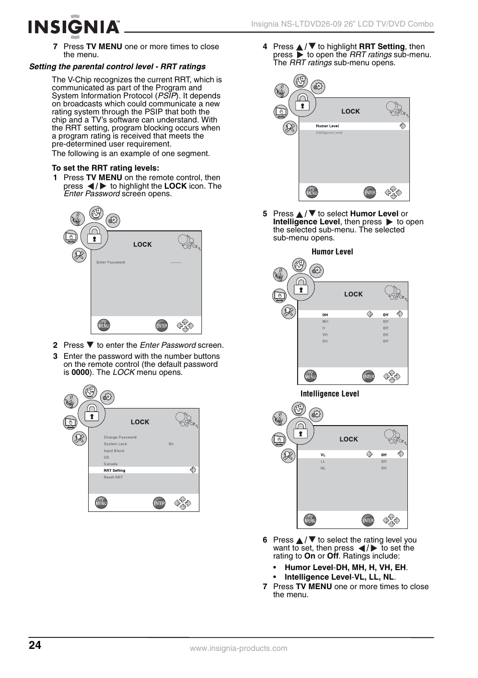 Setting the parental control level - rrt ratings | Insignia NS-LTDVD26-09 User Manual | Page 24 / 76