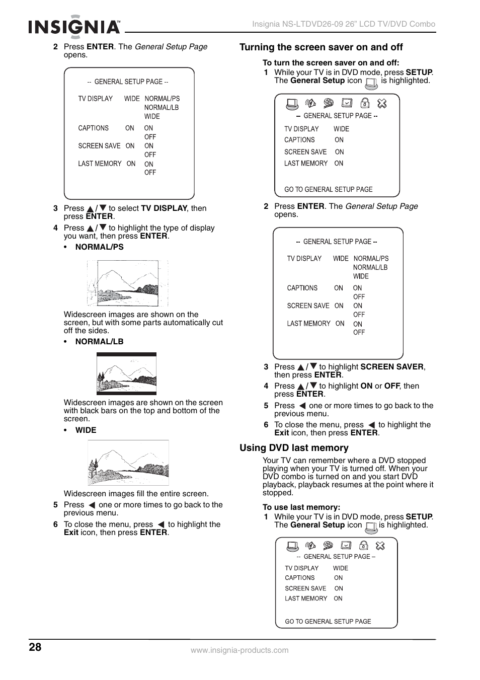 Turning the screen saver on and off, Using dvd last memory | Insignia NS-LTDVD26-09 User Manual | Page 28 / 76