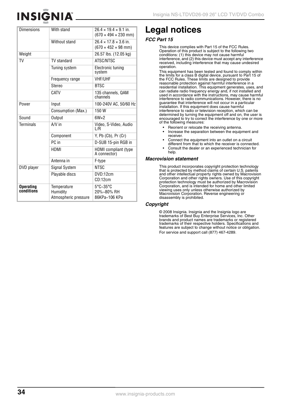 Legal notices, Fcc part 15, Macrovision statement | Copyright | Insignia NS-LTDVD26-09 User Manual | Page 34 / 76