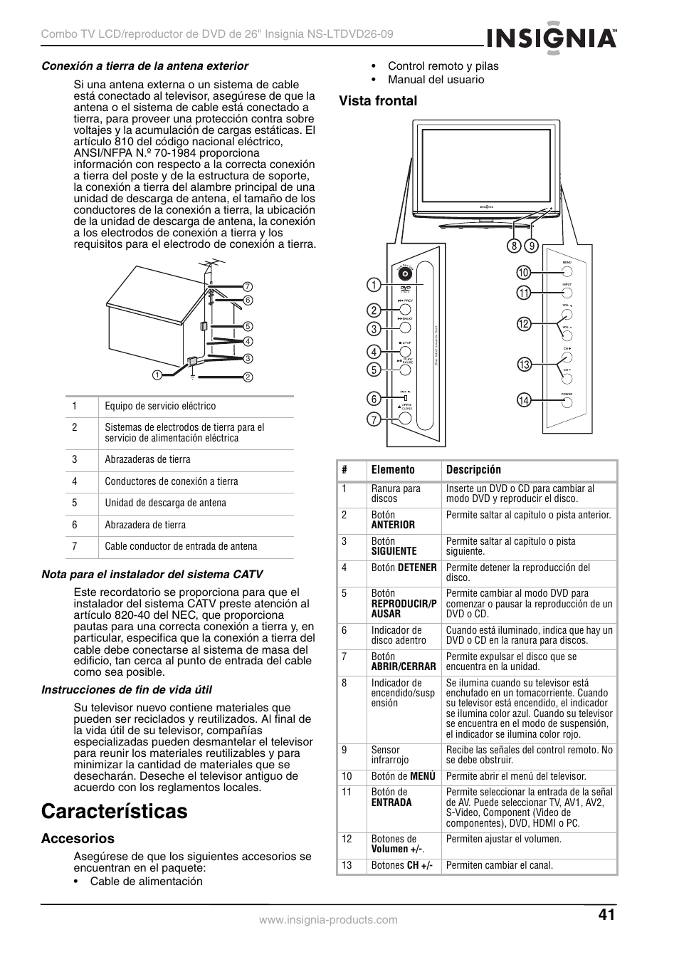 Conexión a tierra de la antena exterior, Nota para el instalador del sistema catv, Instrucciones de fin de vida útil | Características, Accesorios, Vista frontal, Accesorios vista frontal | Insignia NS-LTDVD26-09 User Manual | Page 41 / 76