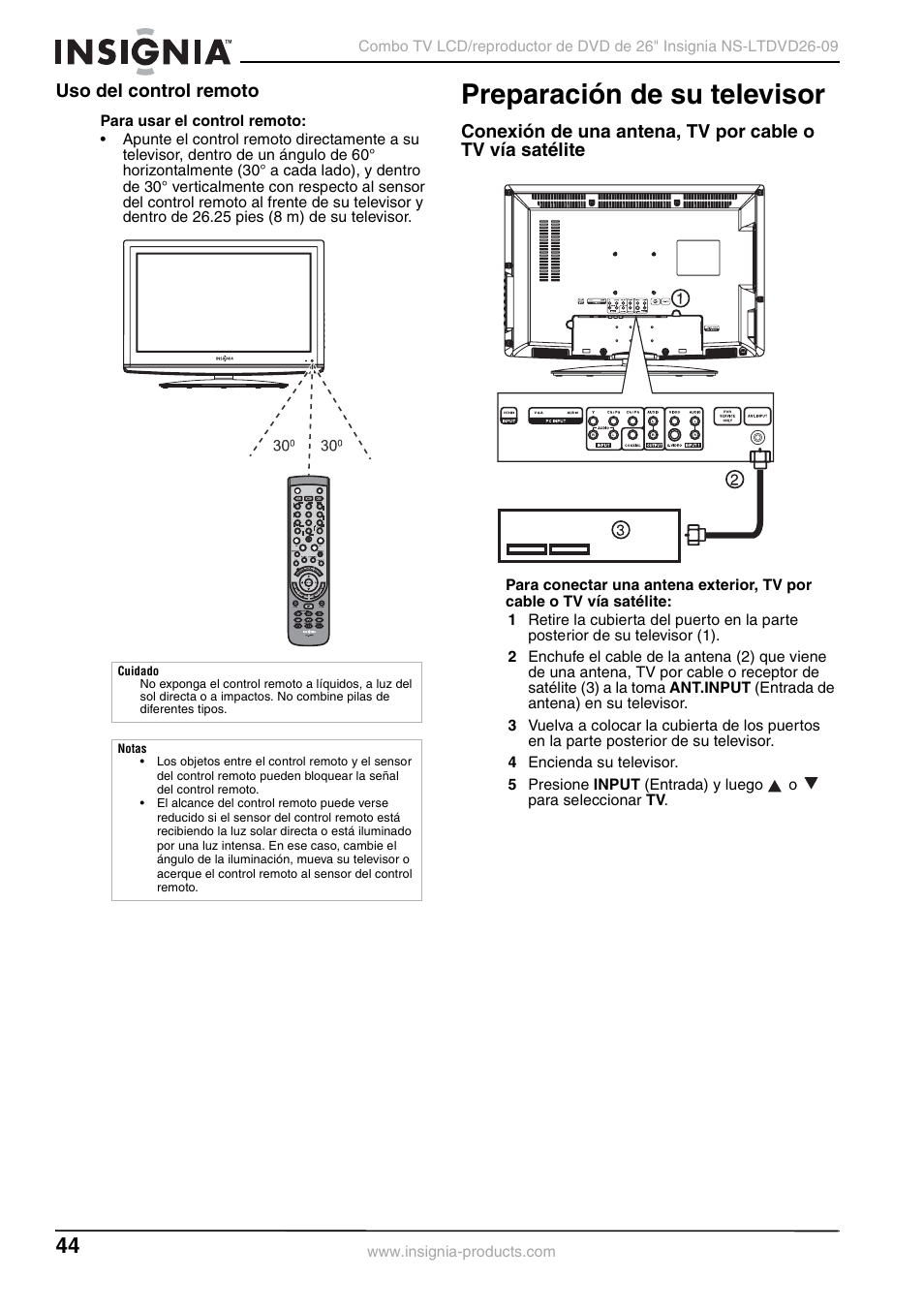Uso del control remoto, Preparación de su televisor | Insignia NS-LTDVD26-09 User Manual | Page 44 / 76