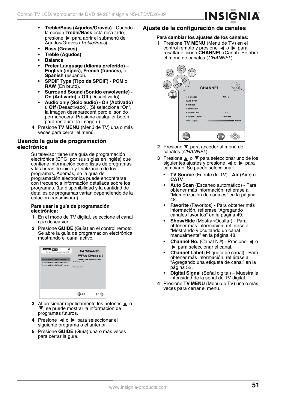 Usando la guía de programación electrónica, Ajuste de la configuración de canales | Insignia NS-LTDVD26-09 User Manual | Page 51 / 76