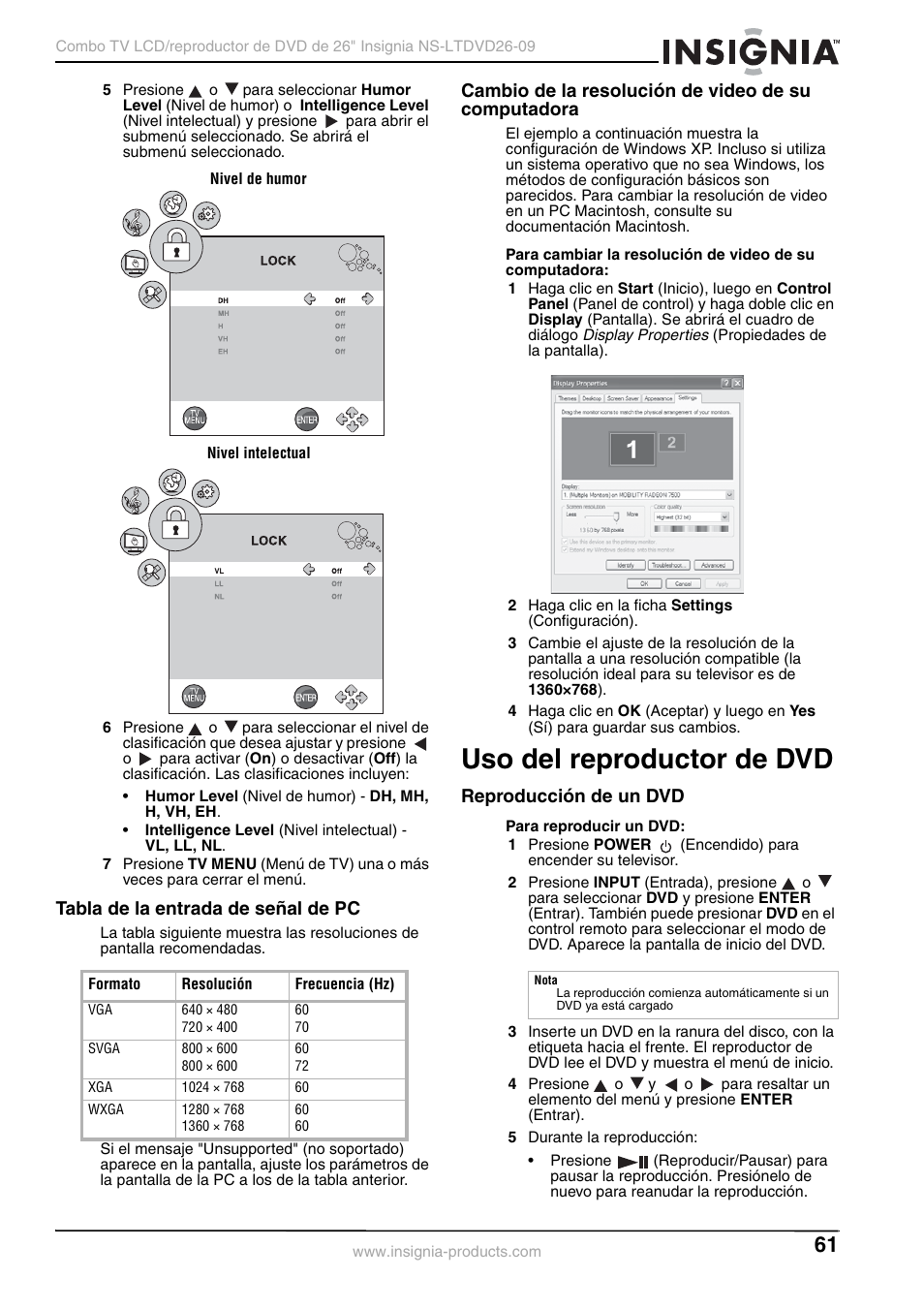 Tabla de la entrada de señal de pc, Cambio de la resolución de video de su computadora, Uso del reproductor de dvd | Reproducción de un dvd | Insignia NS-LTDVD26-09 User Manual | Page 61 / 76