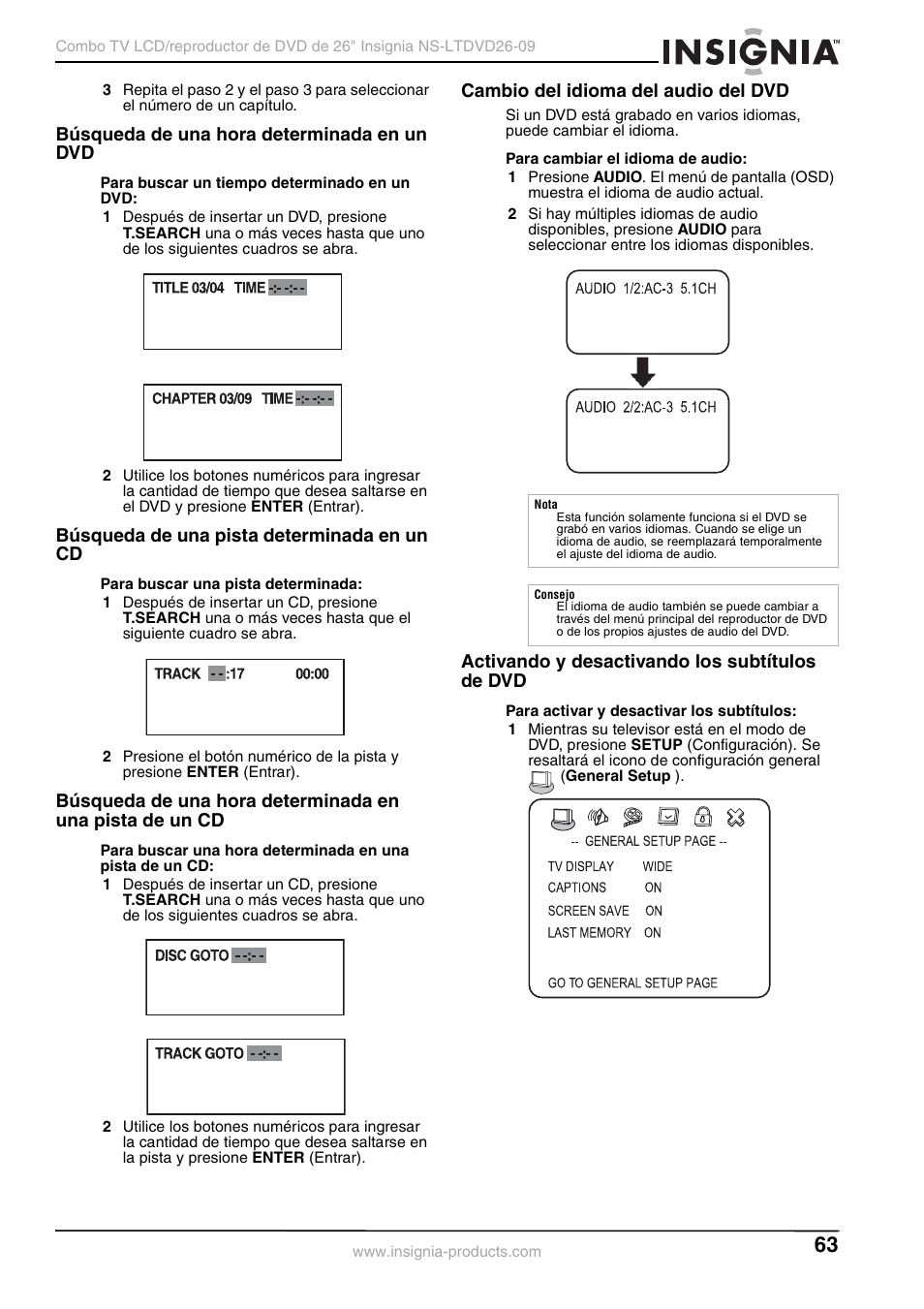 Búsqueda de una hora determinada en un dvd, Búsqueda de una pista determinada en un cd, Cambio del idioma del audio del dvd | Activando y desactivando los subtítulos de dvd | Insignia NS-LTDVD26-09 User Manual | Page 63 / 76