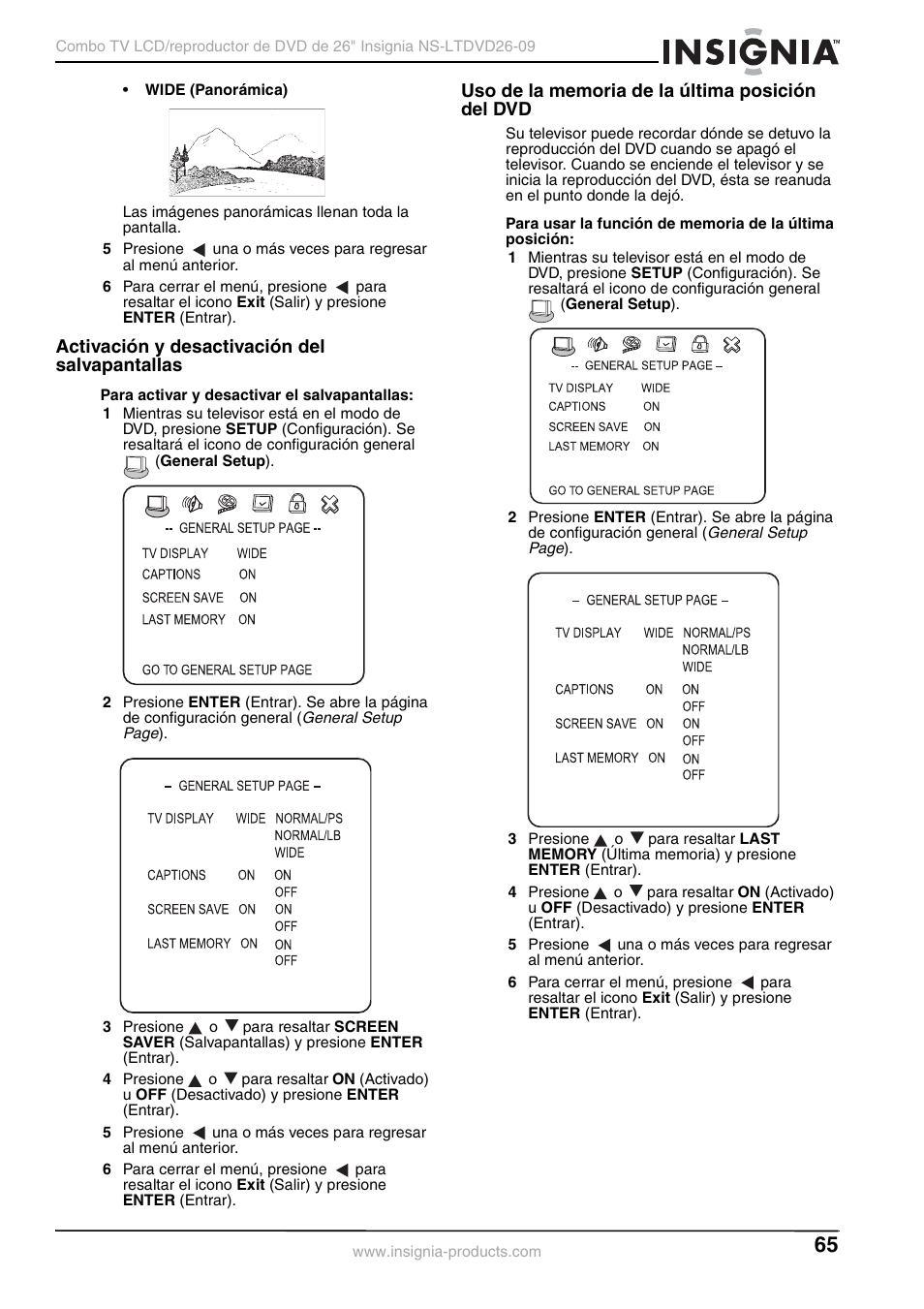 Activación y desactivación del salvapantallas, Uso de la memoria de la última posición del dvd | Insignia NS-LTDVD26-09 User Manual | Page 65 / 76