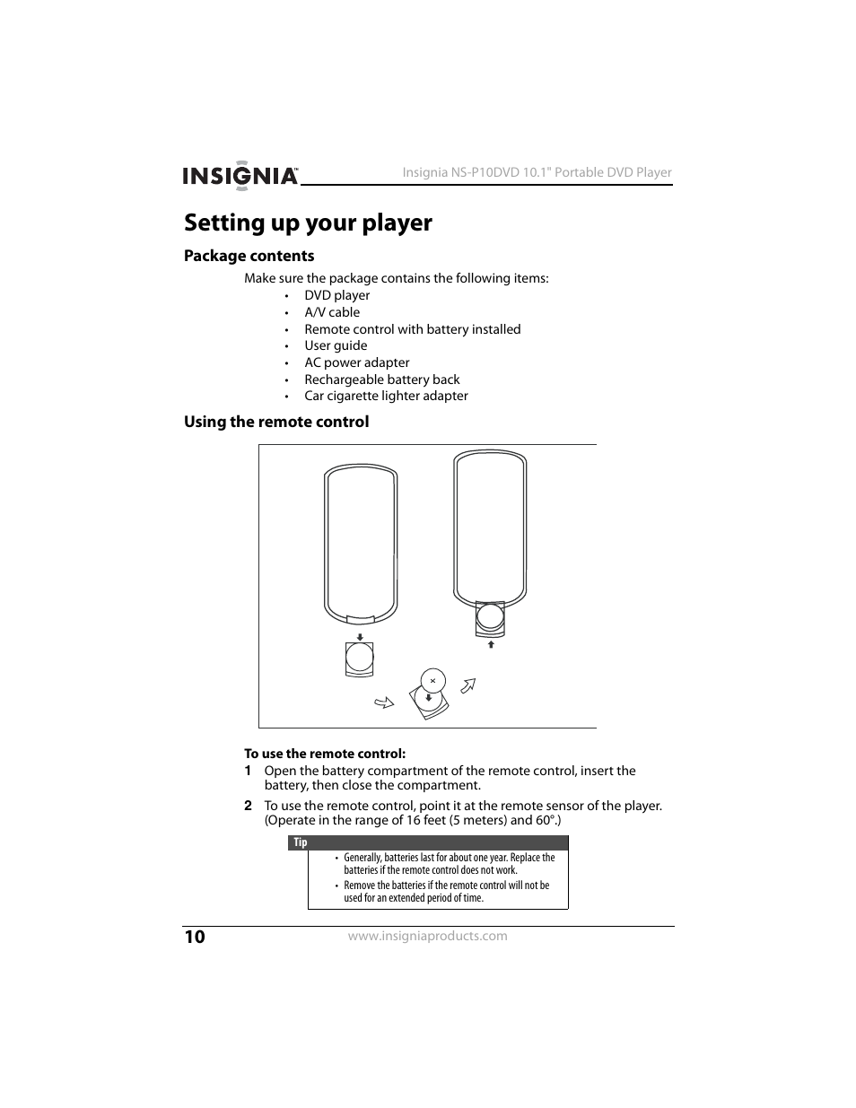 Setting up your player, Package contents, Using the remote control | Insignia NS-P10DVD User Manual | Page 10 / 44