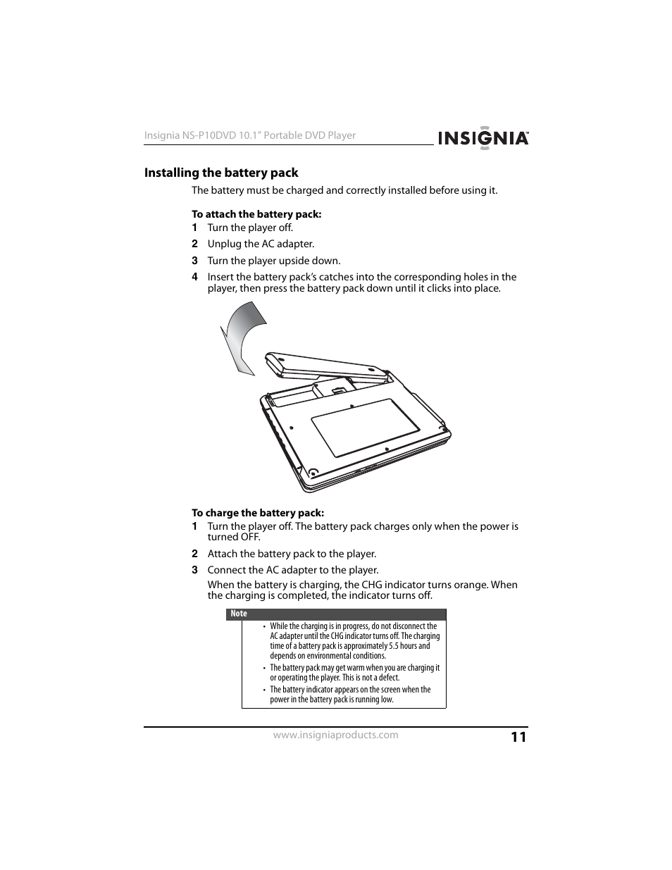 Installing the battery pack | Insignia NS-P10DVD User Manual | Page 11 / 44