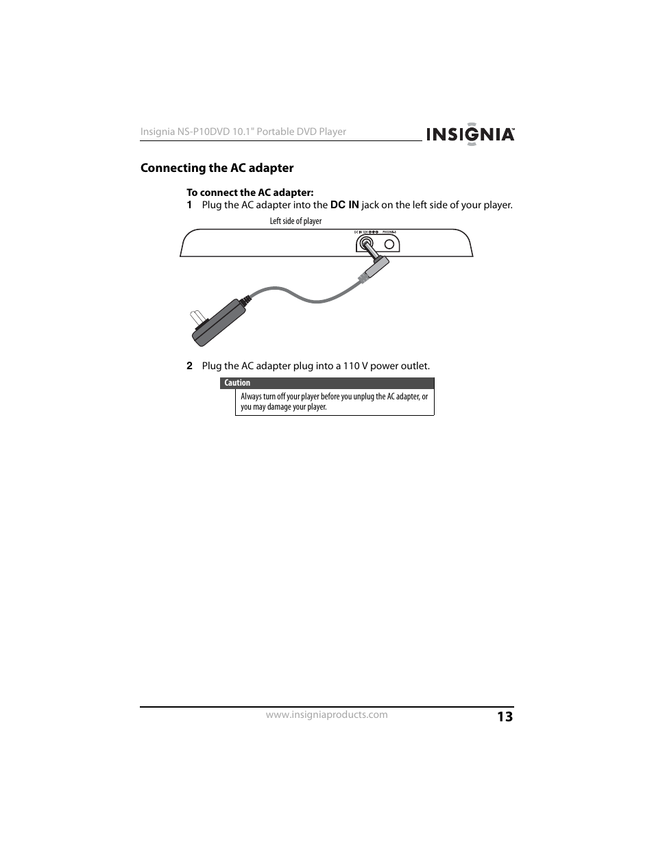 Connecting the ac adapter | Insignia NS-P10DVD User Manual | Page 13 / 44