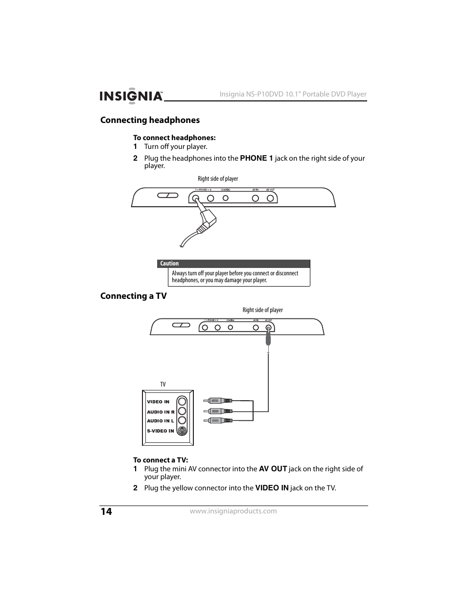 Connecting headphones, Connecting a tv | Insignia NS-P10DVD User Manual | Page 14 / 44