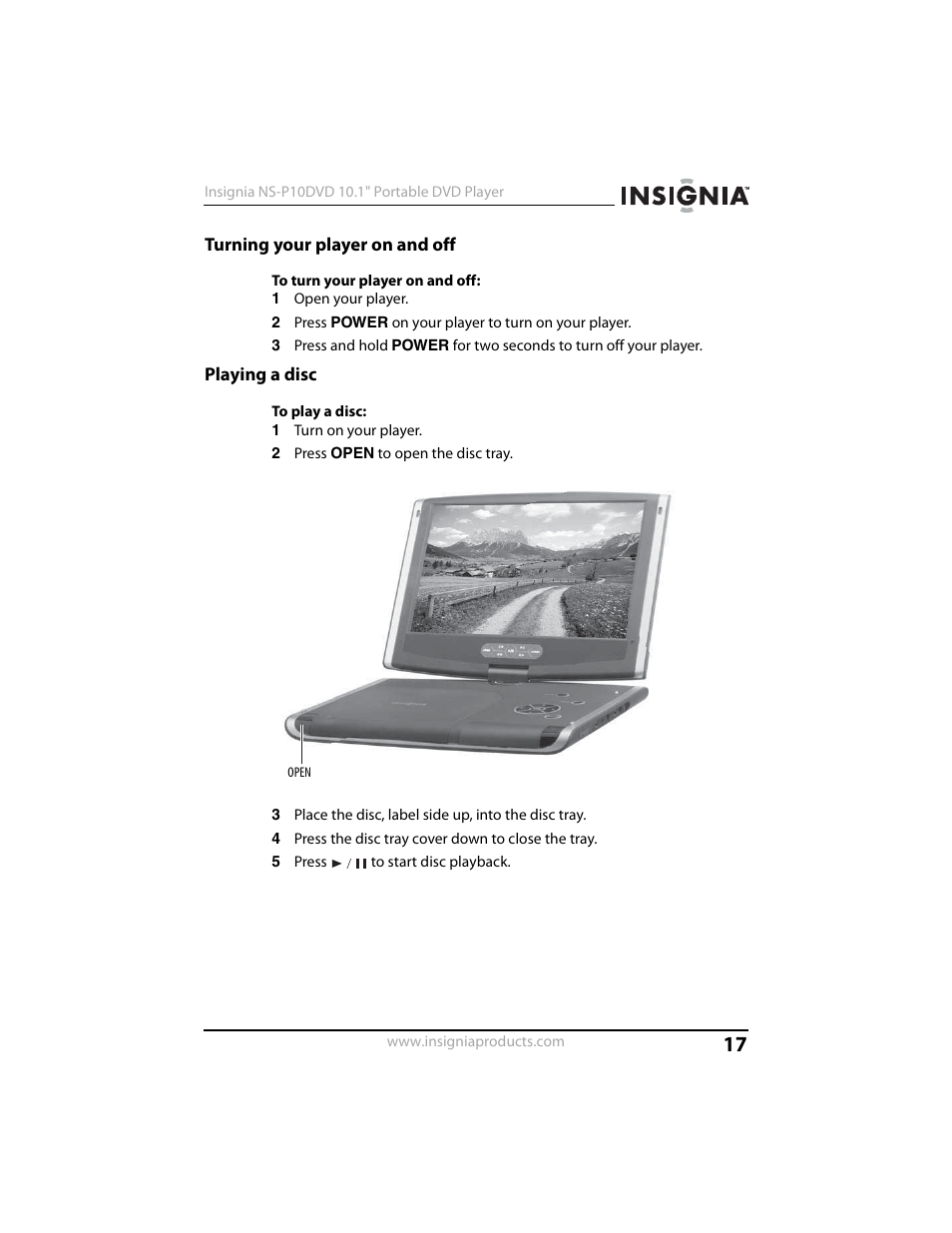 Turning your player on and off, Playing a disc | Insignia NS-P10DVD User Manual | Page 17 / 44