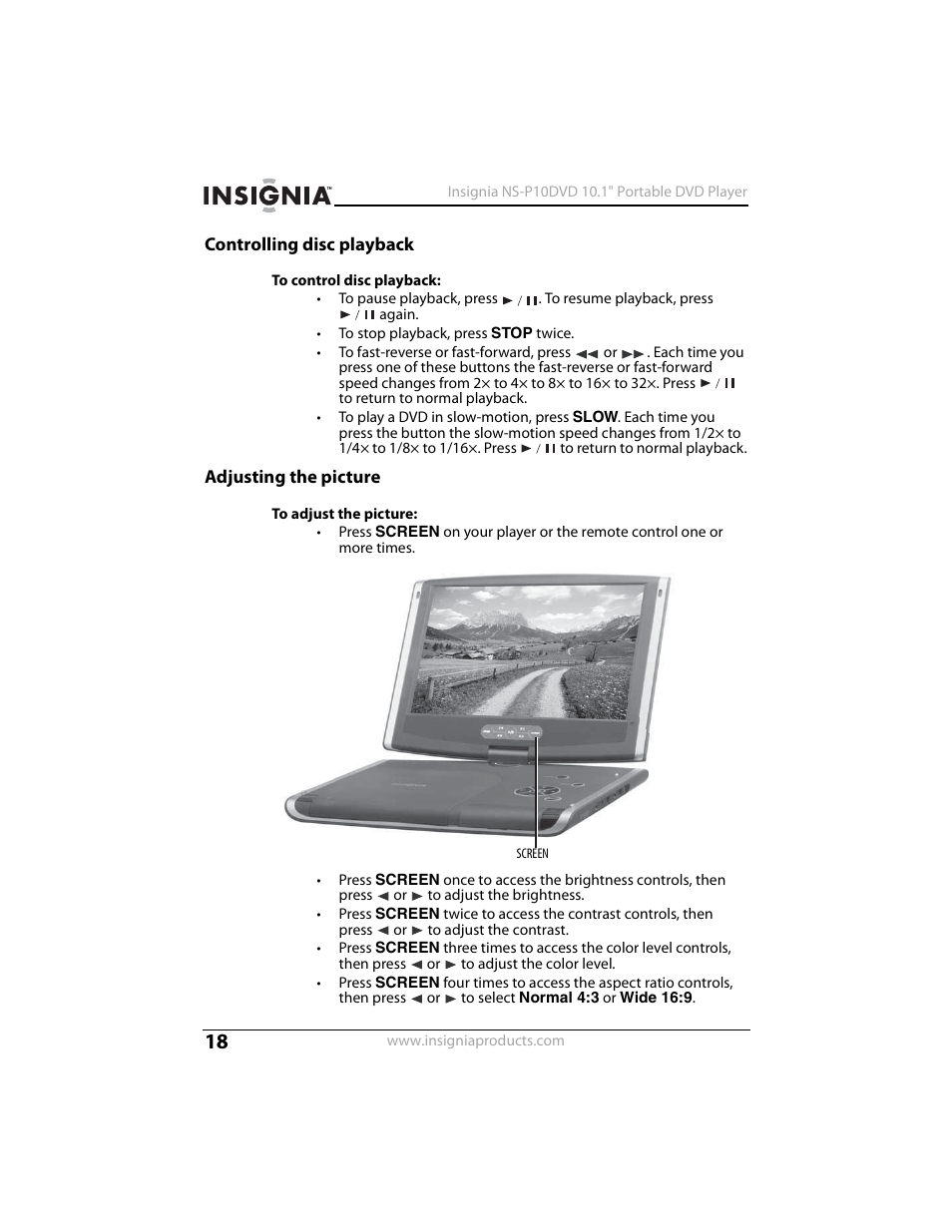 Controlling disc playback, Adjusting the picture | Insignia NS-P10DVD User Manual | Page 18 / 44