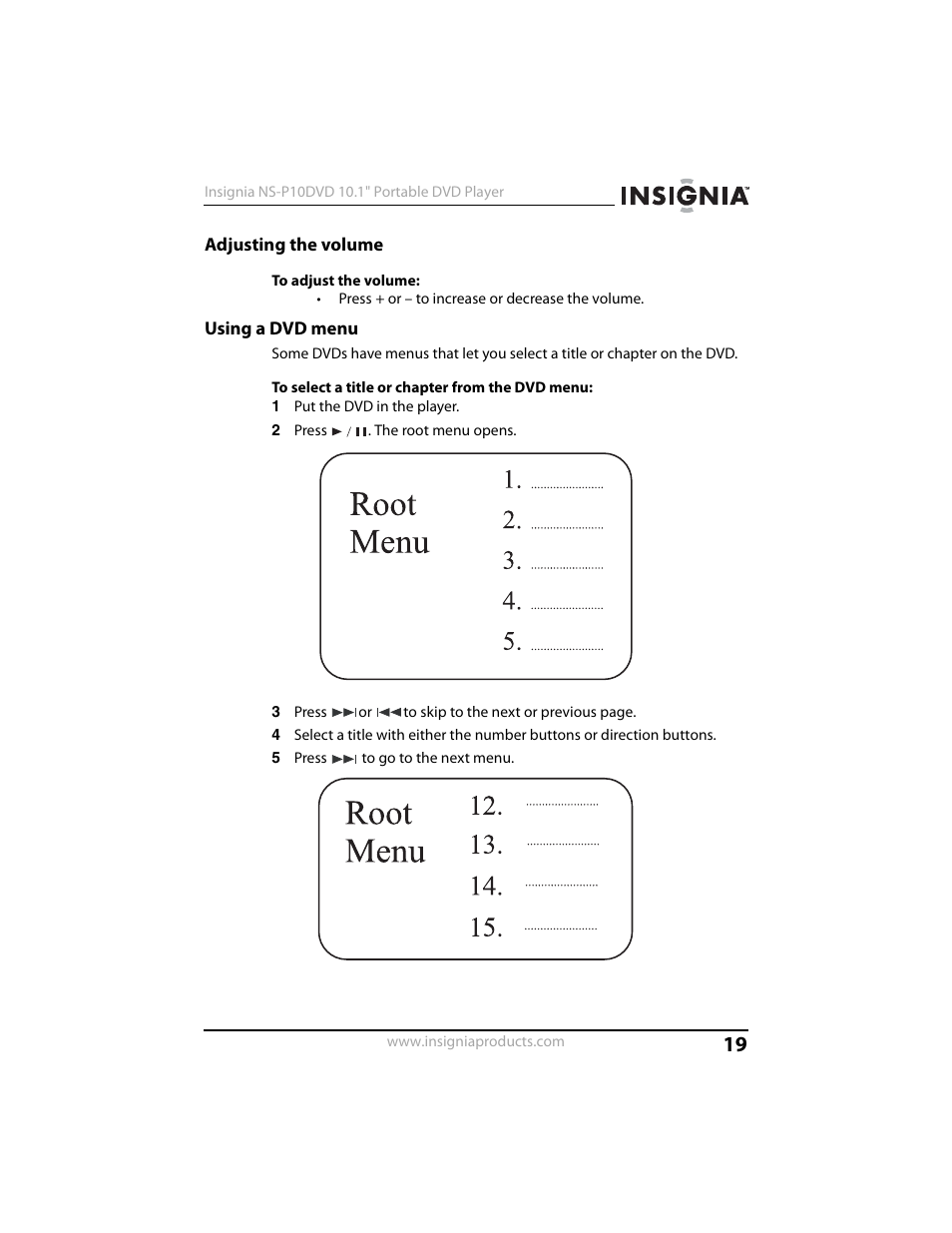 Adjusting the volume, Using a dvd menu | Insignia NS-P10DVD User Manual | Page 19 / 44
