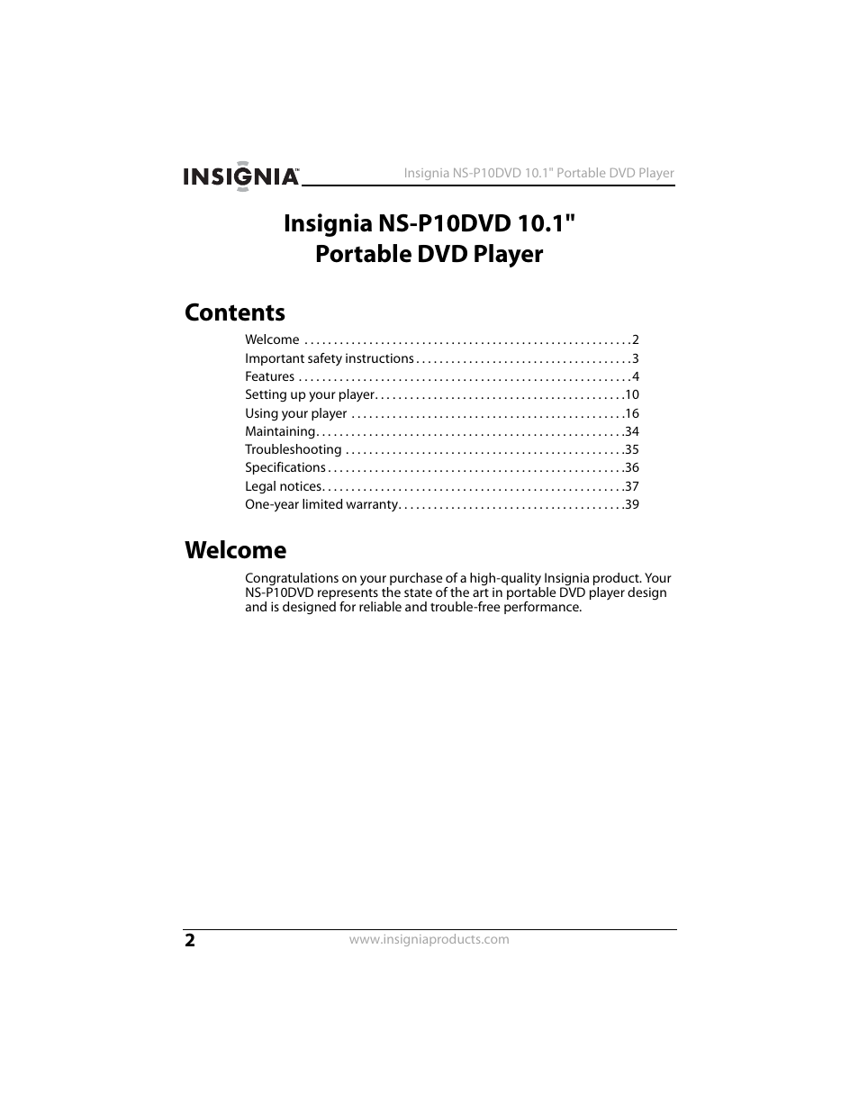 Insignia NS-P10DVD User Manual | Page 2 / 44