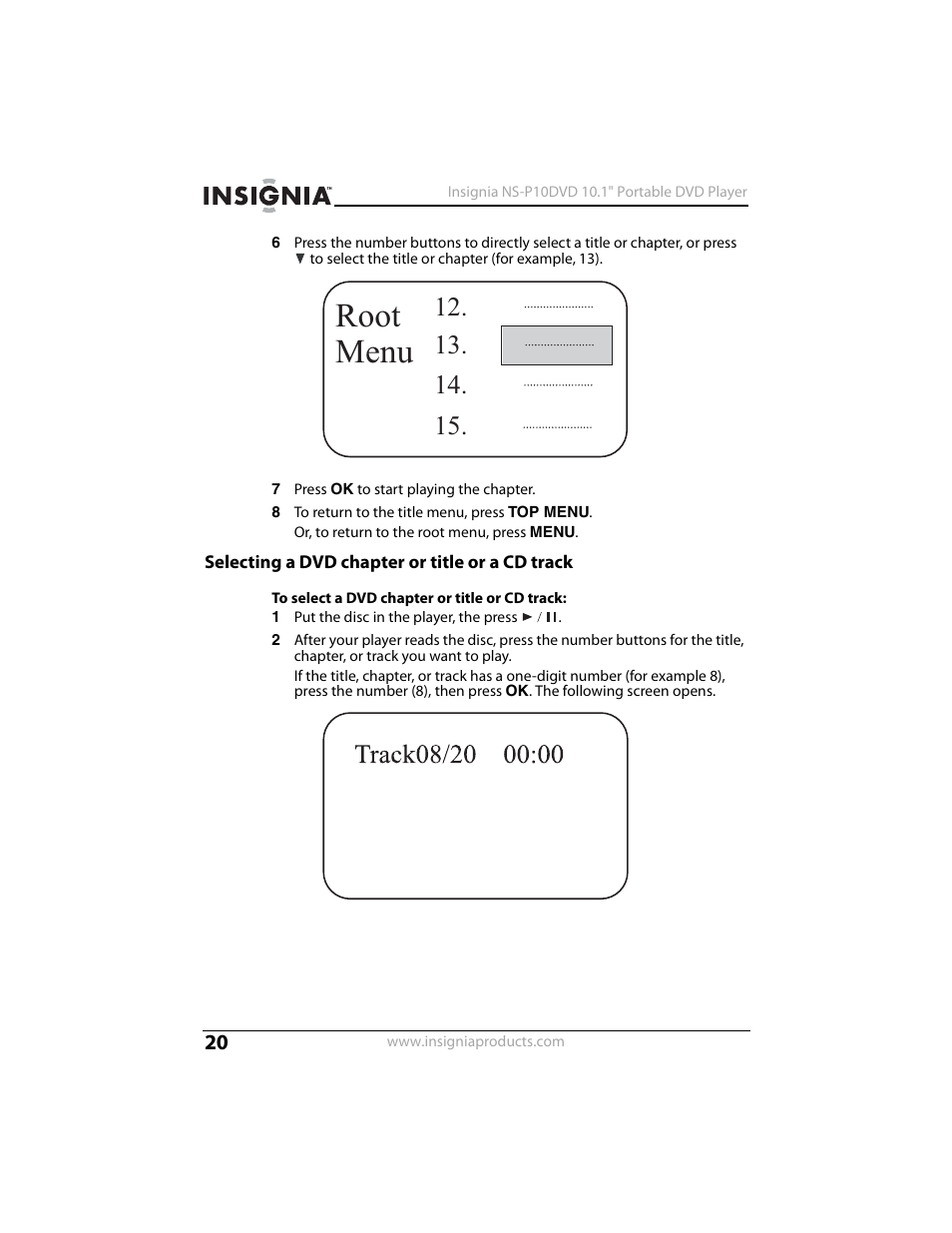 Selecting a dvd chapter or title or a cd track, Root menu | Insignia NS-P10DVD User Manual | Page 20 / 44