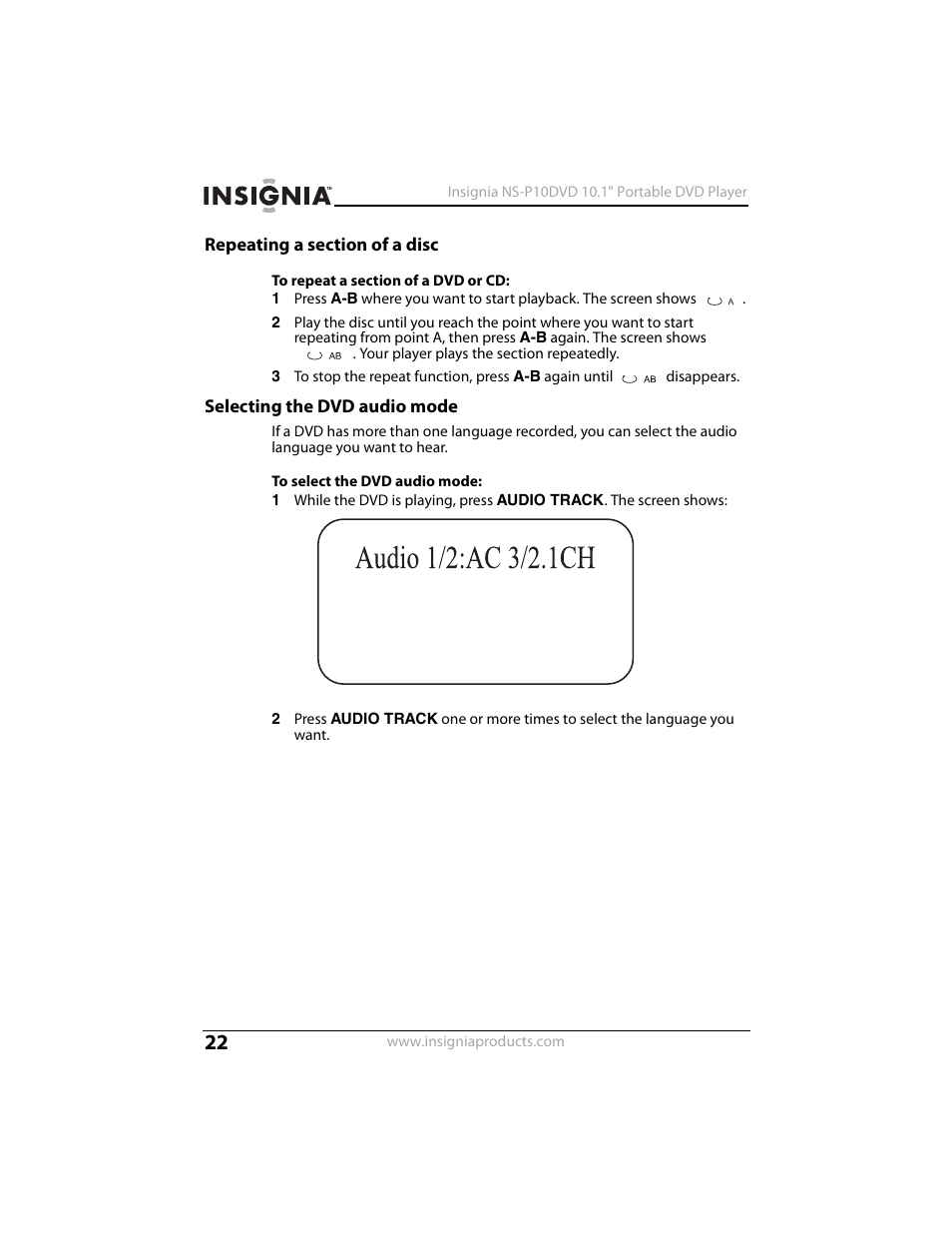 Repeating a section of a disc, Selecting the dvd audio mode | Insignia NS-P10DVD User Manual | Page 22 / 44