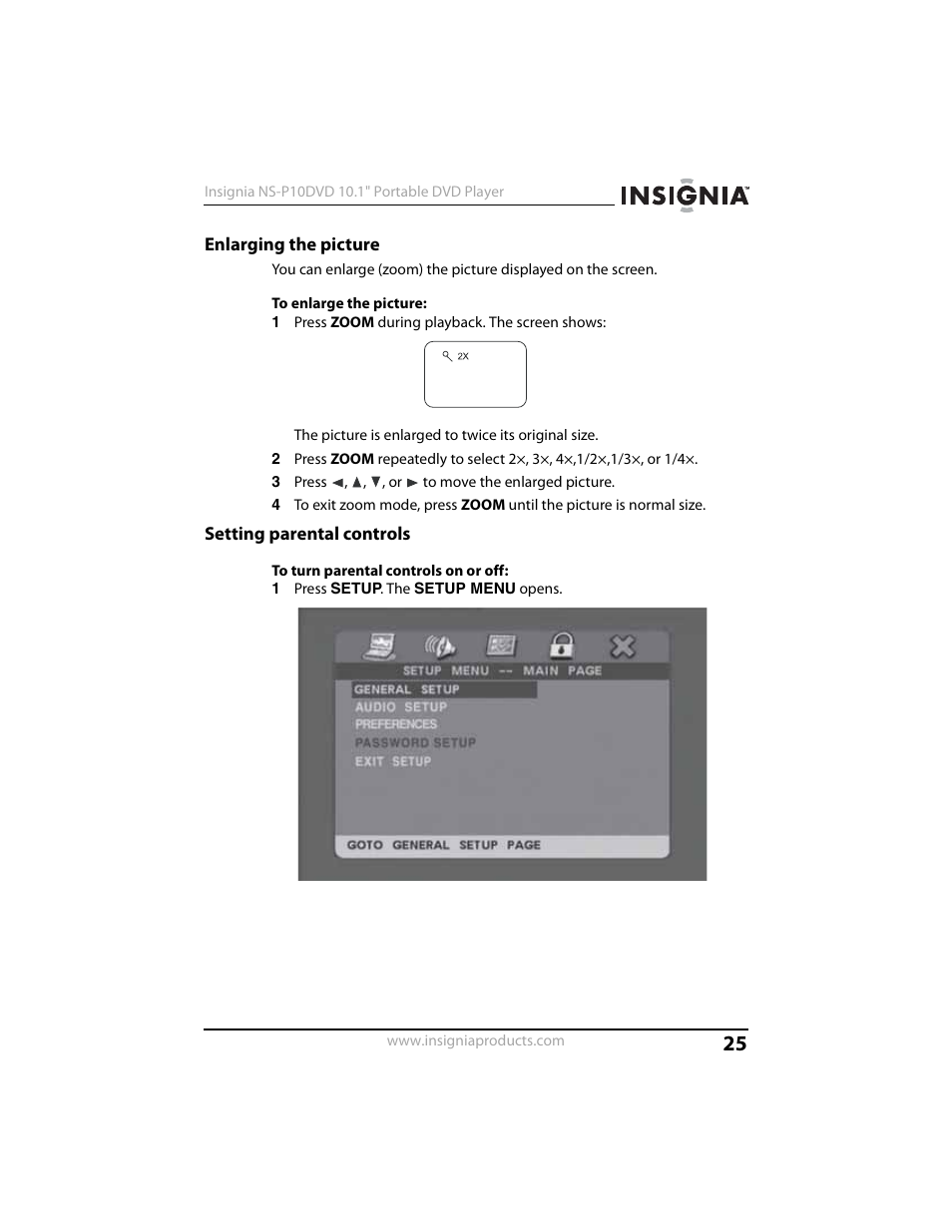 Enlarging the picture, Setting parental controls | Insignia NS-P10DVD User Manual | Page 25 / 44