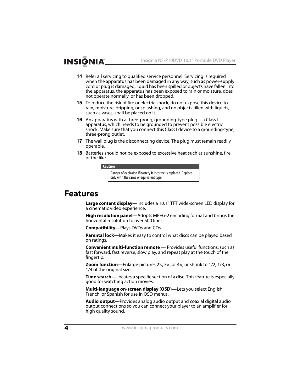 Features | Insignia NS-P10DVD User Manual | Page 4 / 44