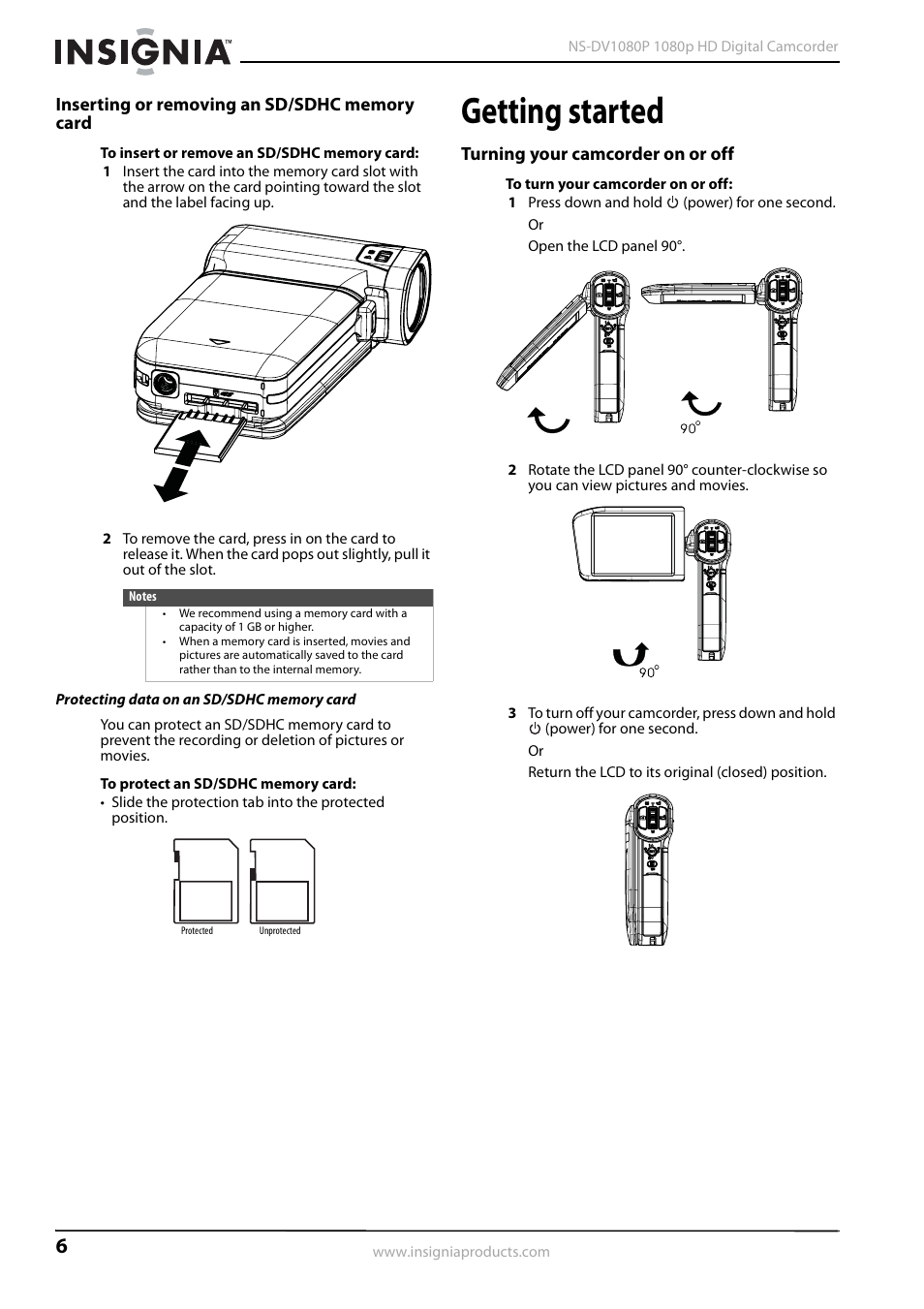 Inserting or removing an sd/sdhc memory card, Getting started, Turning your camcorder on or off | Insignia 1080p HD Digital NS-DV1080P User Manual | Page 10 / 28