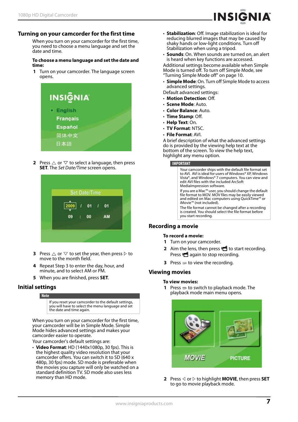 Turning on your camcorder for the first time, Initial settings, Recording a movie | Viewing movies | Insignia 1080p HD Digital NS-DV1080P User Manual | Page 11 / 28