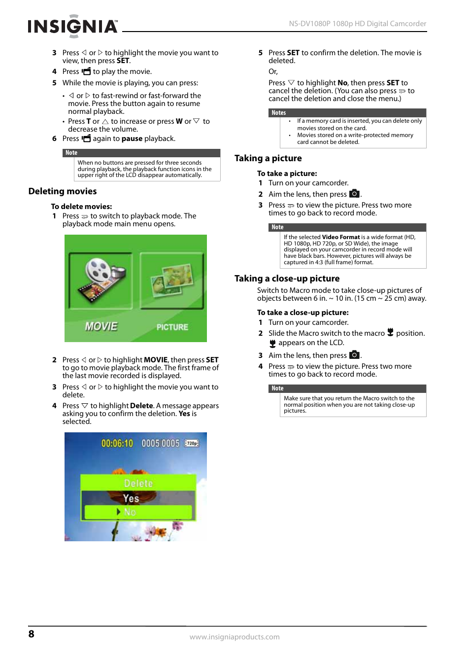 Deleting movies, Taking a picture, Taking a close-up picture | Insignia 1080p HD Digital NS-DV1080P User Manual | Page 12 / 28